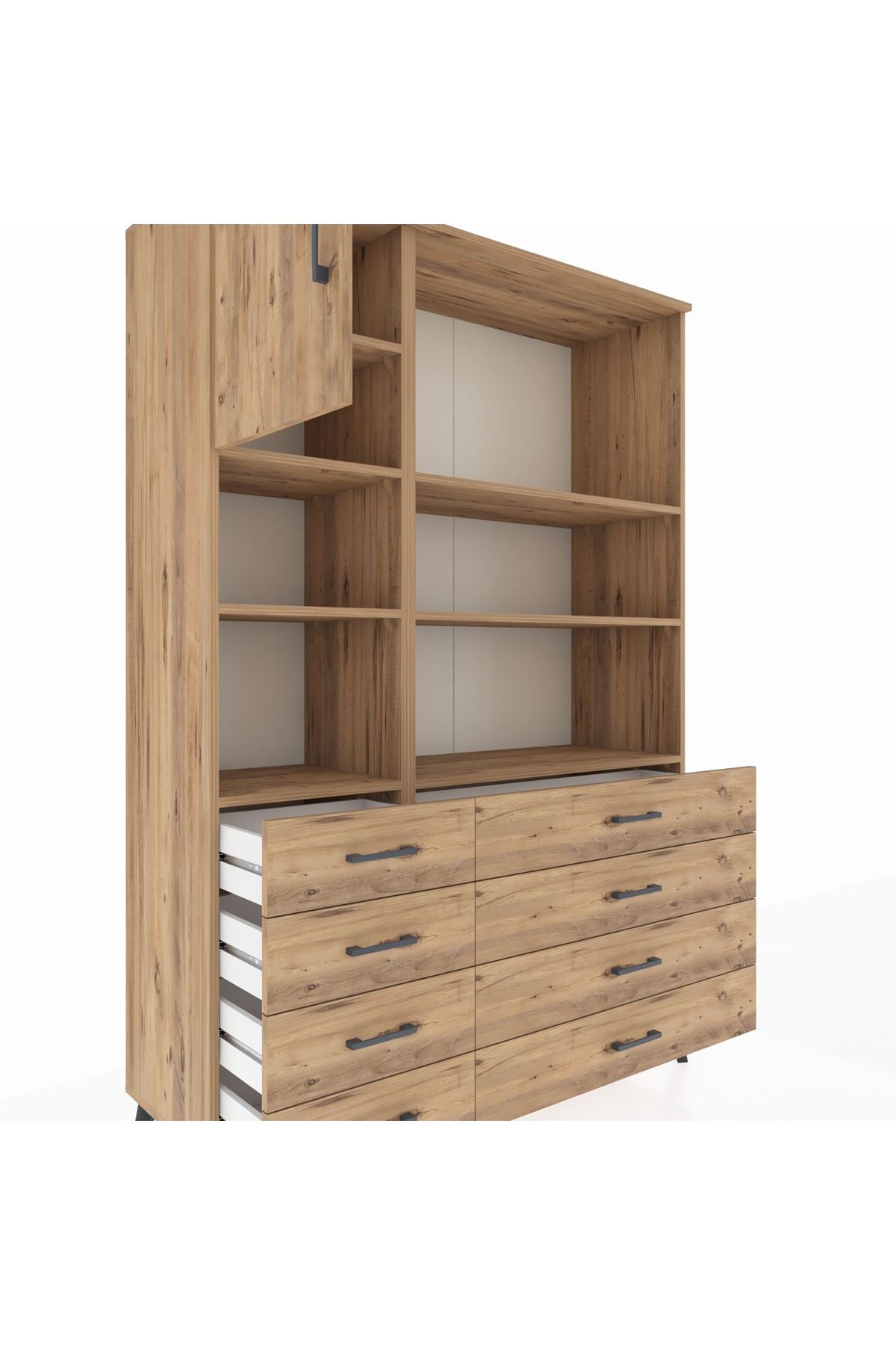 Hyperion Dolap 7 Raflı 8 Çekmeceli Tek Kapaklı  132x44x195 Çam-Çam/Çam