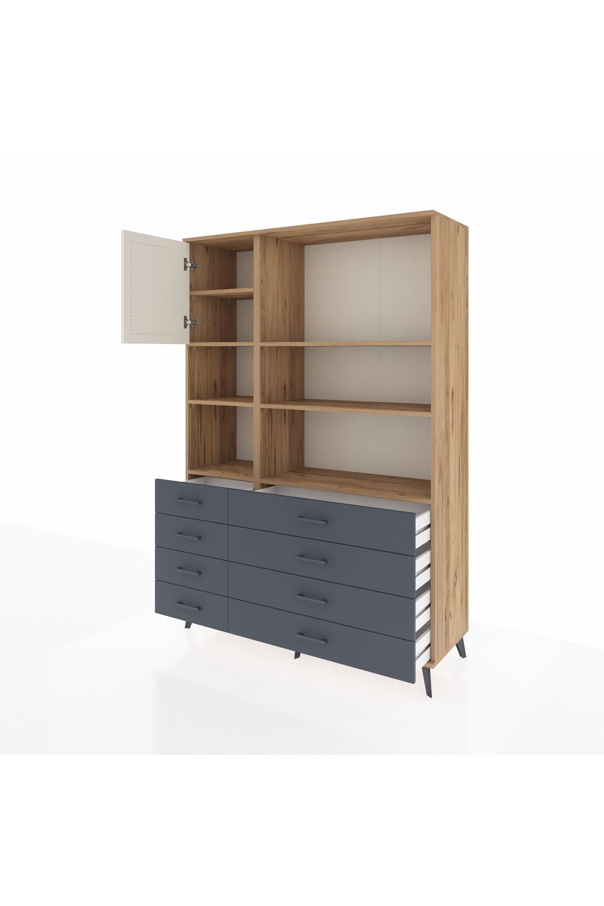 Hyperion Dolap 7 Raflı 8 Çekmeceli Tek Kapaklı  132x44x195 Çam-Aytaşı/Antrasit