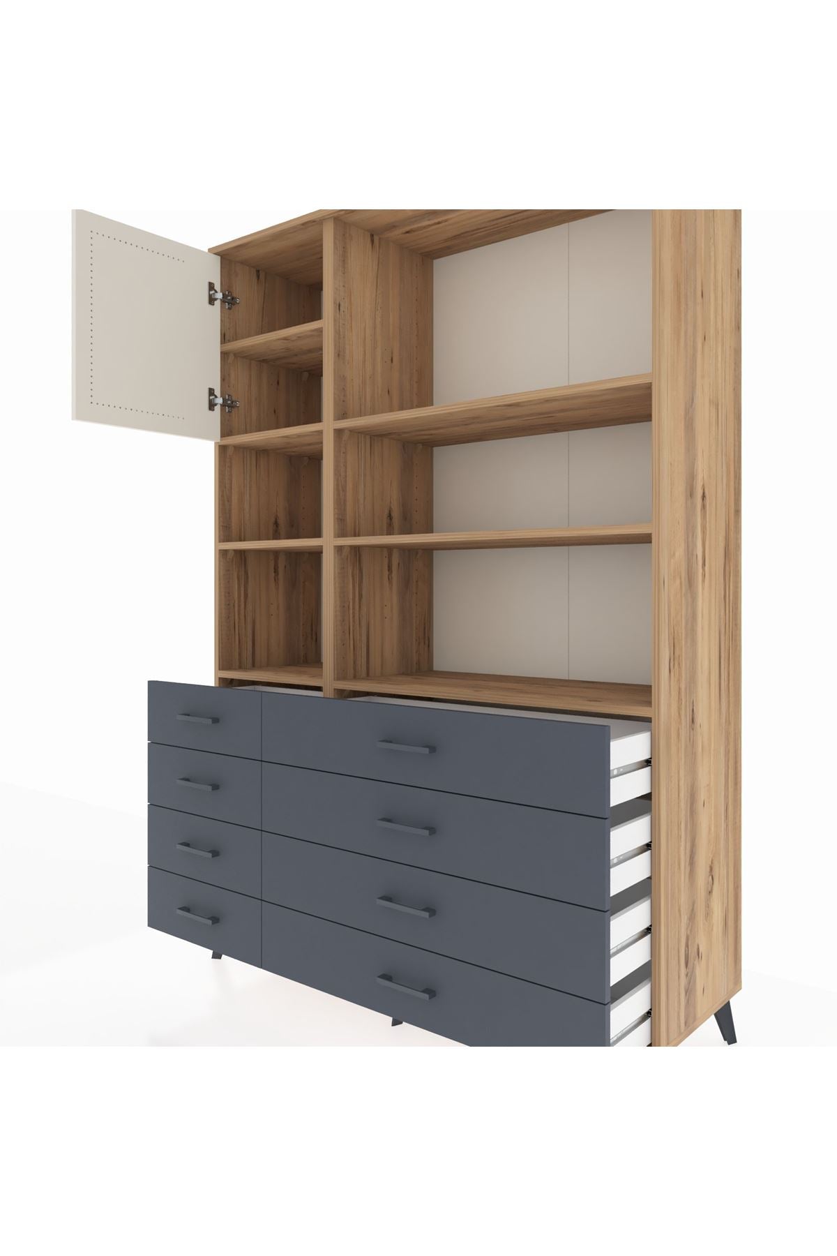 Hyperion Dolap 7 Raflı 8 Çekmeceli Tek Kapaklı  132x44x195 Çam-Aytaşı/Antrasit
