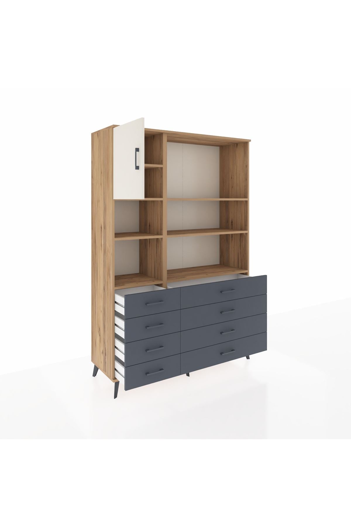 Hyperion Dolap 7 Raflı 8 Çekmeceli Tek Kapaklı  132x44x195 Çam-Aytaşı/Antrasit