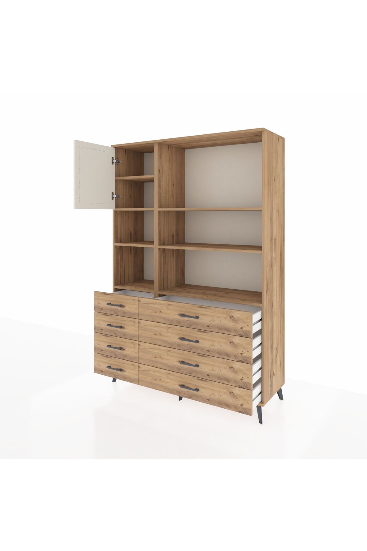 Hyperion Dolap 7 Raflı 8 Çekmeceli Tek Kapaklı  132x44x195 Çam-Aytaşı/Çam