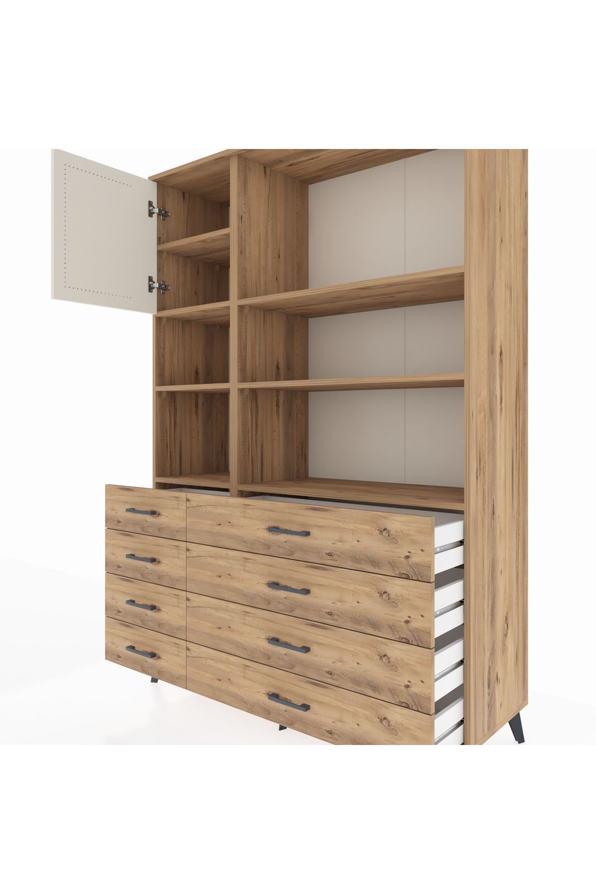 Hyperion Dolap 7 Raflı 8 Çekmeceli Tek Kapaklı  132x44x195 Çam-Aytaşı/Çam