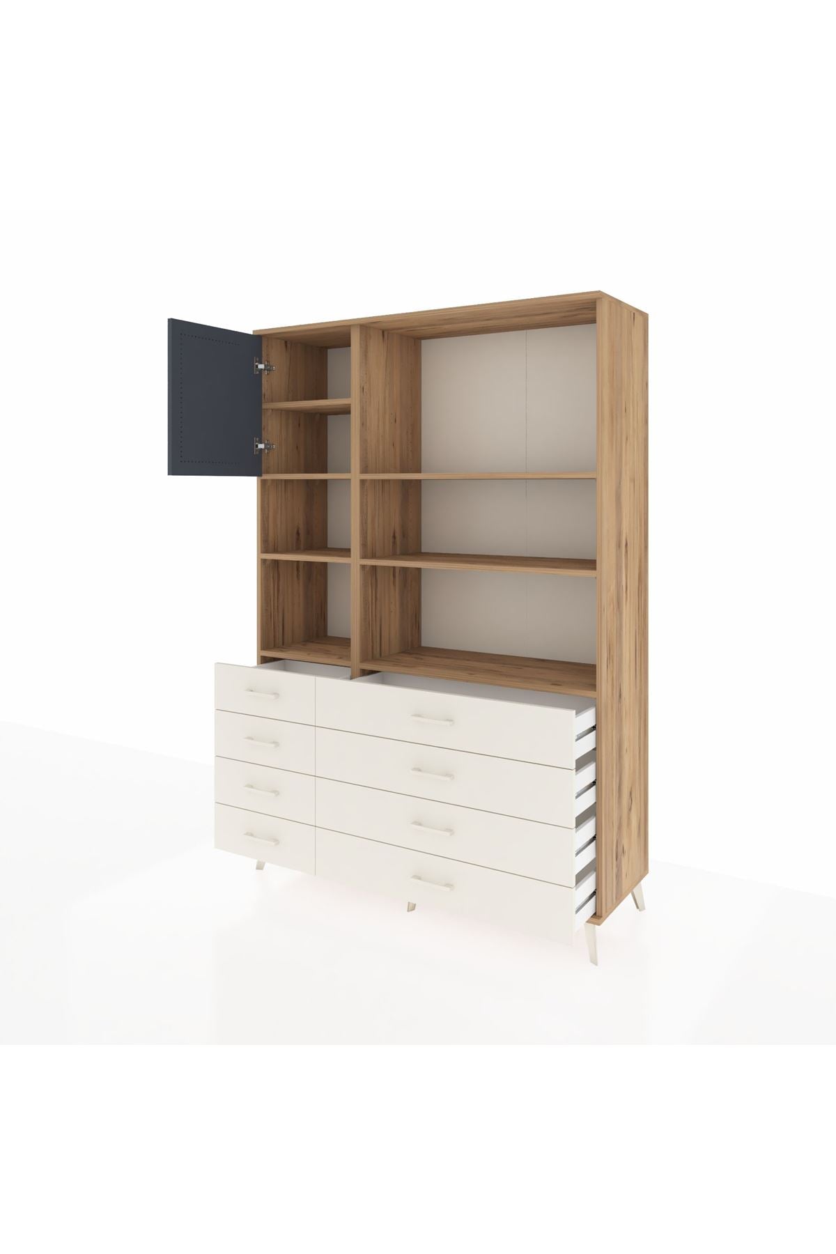 Hyperion Dolap 7 Raflı 8 Çekmeceli Tek Kapaklı  132x44x195 Çam-Antrasit/Aytaşı