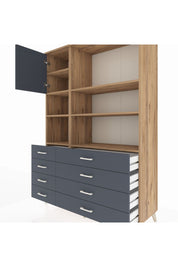 Hyperion Dolap 7 Raflı 8 Çekmeceli Tek Kapaklı  132x44x195 Çam-Antrasit/Antrasit