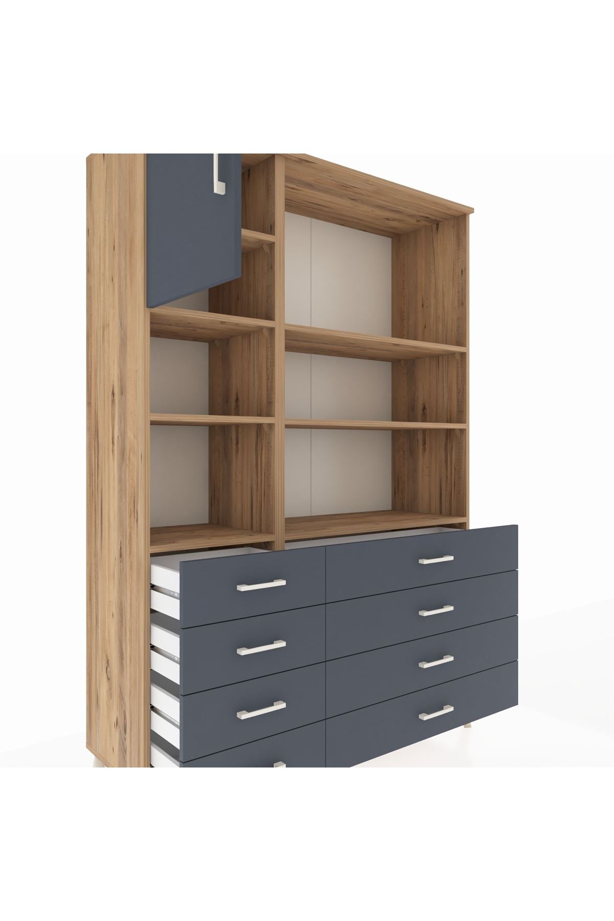 Hyperion Dolap 7 Raflı 8 Çekmeceli Tek Kapaklı  132x44x195 Çam-Antrasit/Antrasit