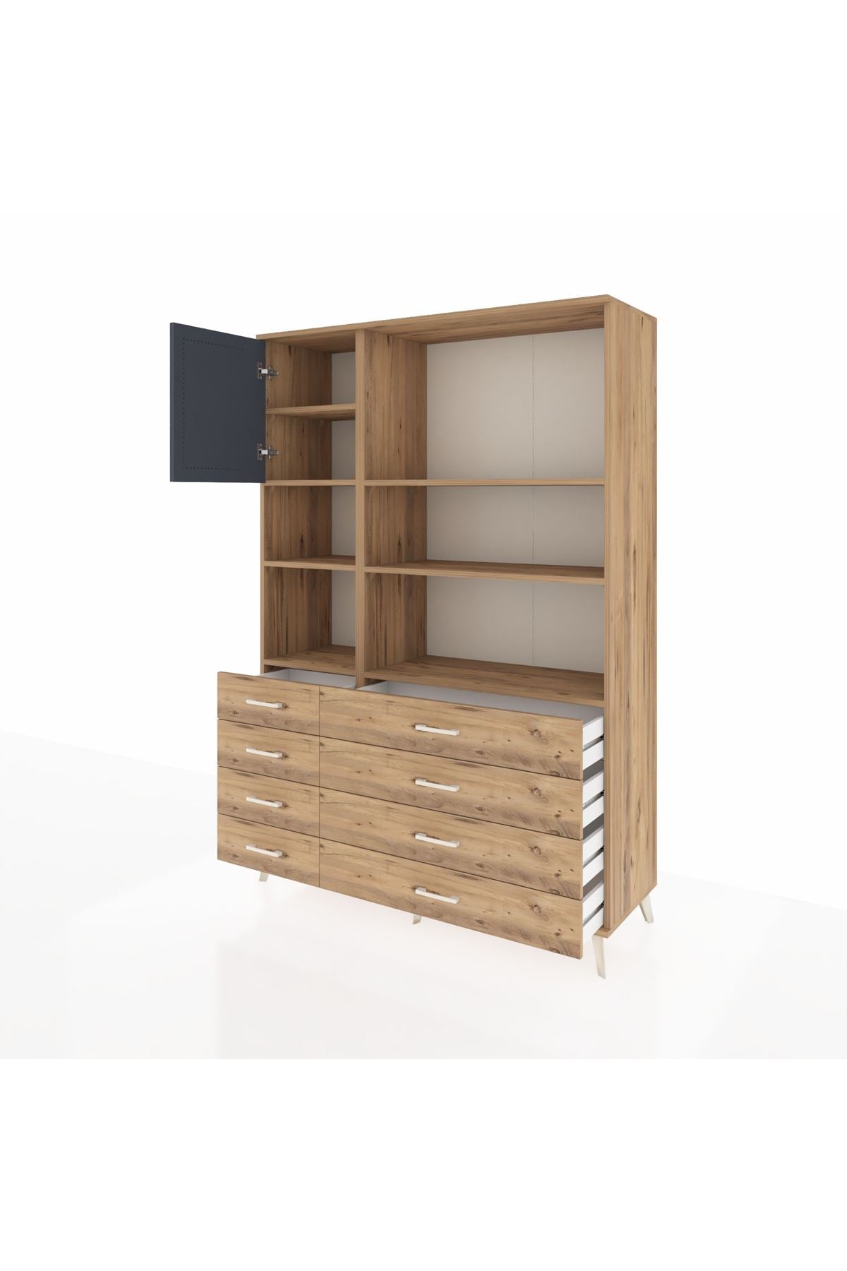 Hyperion Dolap 7 Raflı 8 Çekmeceli Tek Kapaklı  132x44x195 Çam-Antrasit/Çam