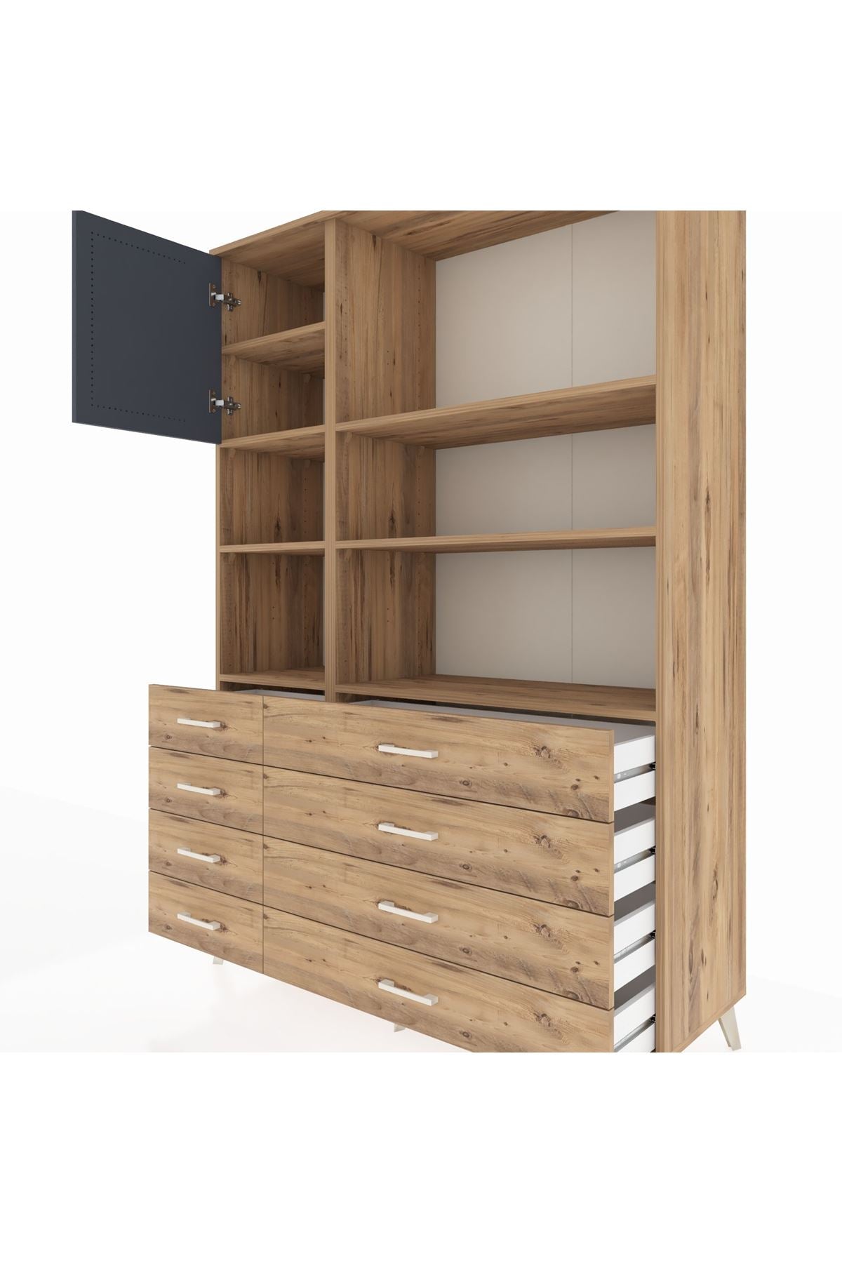 Hyperion Dolap 7 Raflı 8 Çekmeceli Tek Kapaklı  132x44x195 Çam-Antrasit/Çam