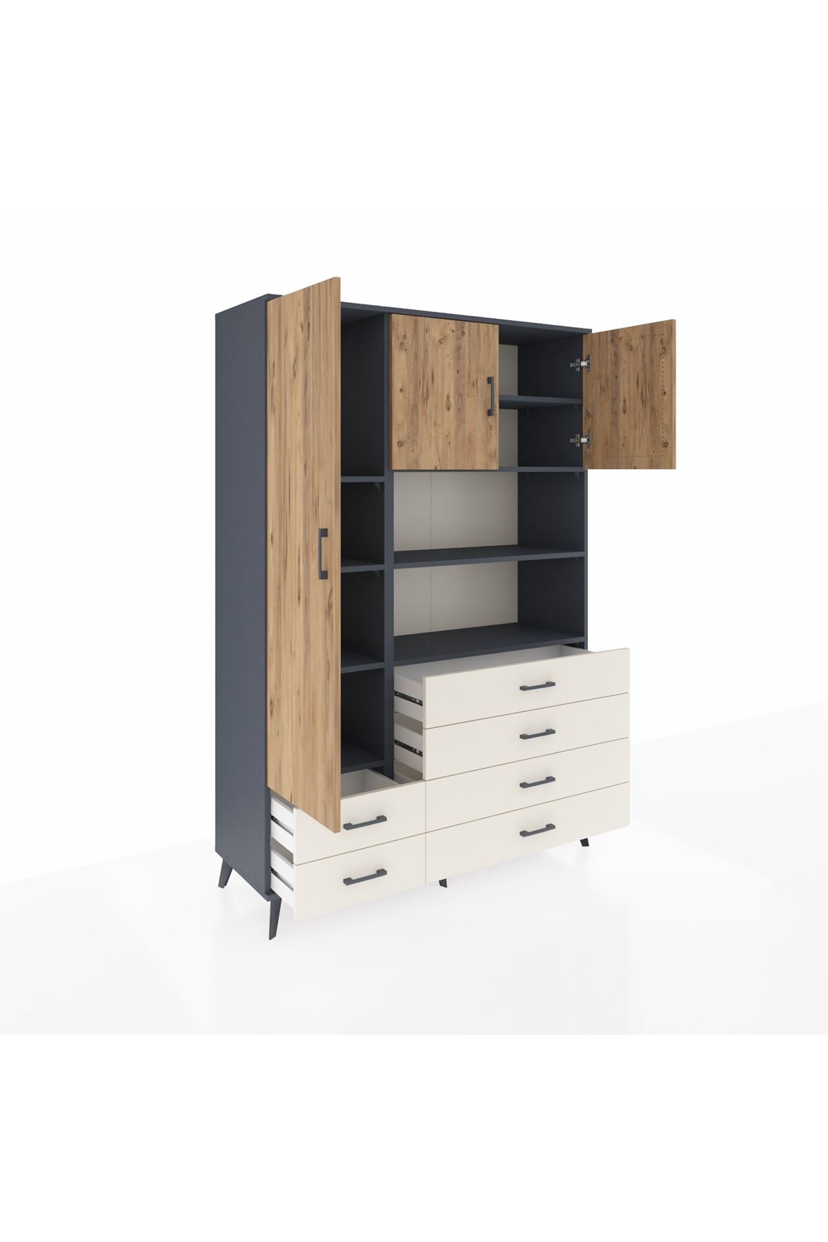 Hyperion Dolap 8 Raflı 6 Çekmeceli 3 Kapaklı 132x44x195 Antrasit-Çam/Aytaşı