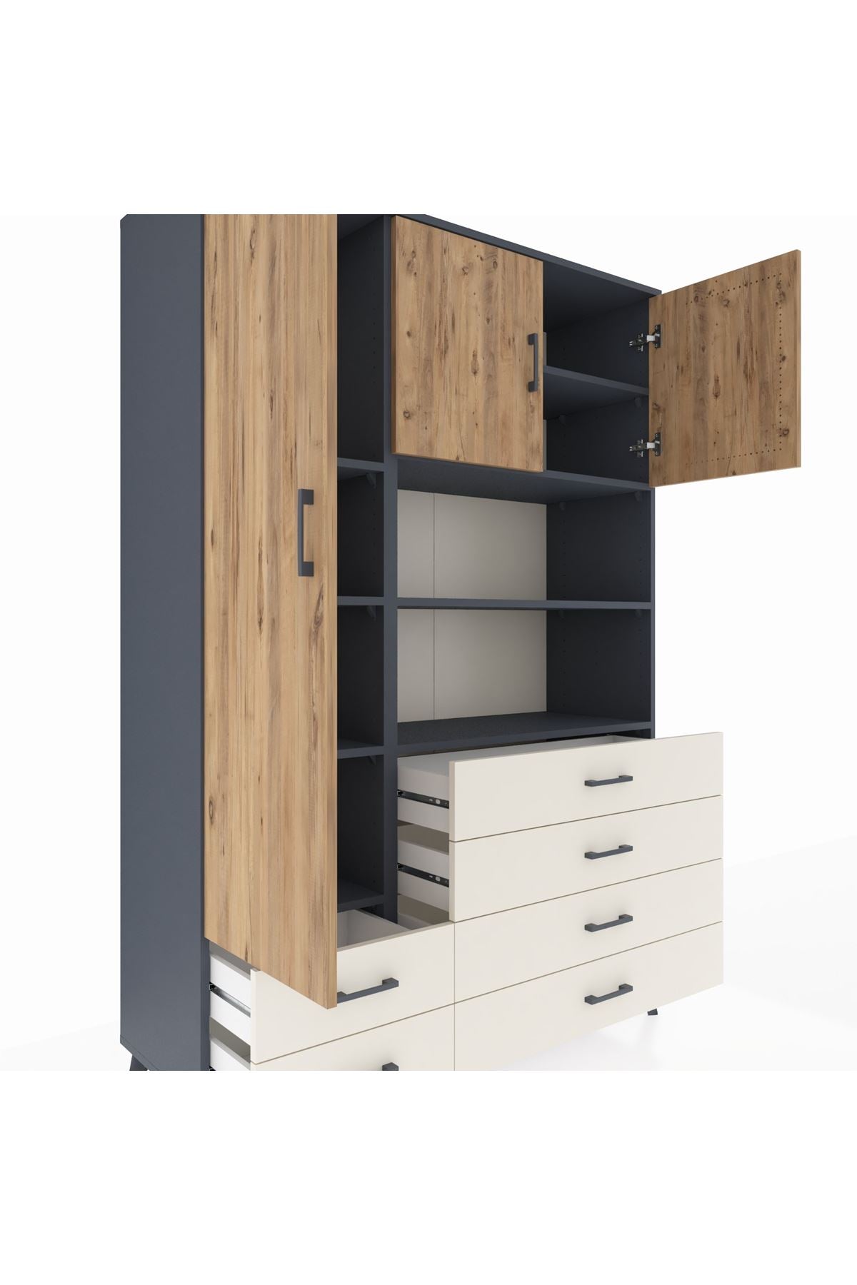 Hyperion Dolap 8 Raflı 6 Çekmeceli 3 Kapaklı 132x44x195 Antrasit-Çam/Aytaşı