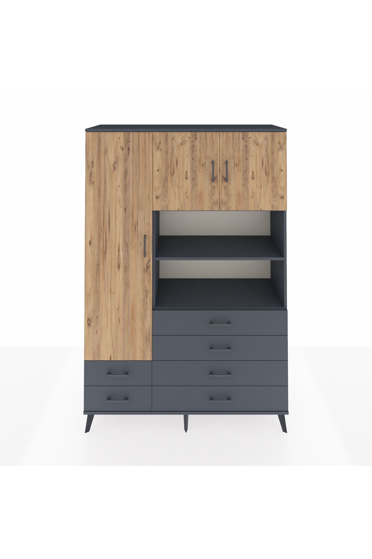 Hyperion Dolap 8 Raflı 6 Çekmeceli 3 Kapaklı 132x44x195 Antrasit-Çam/Antrasit