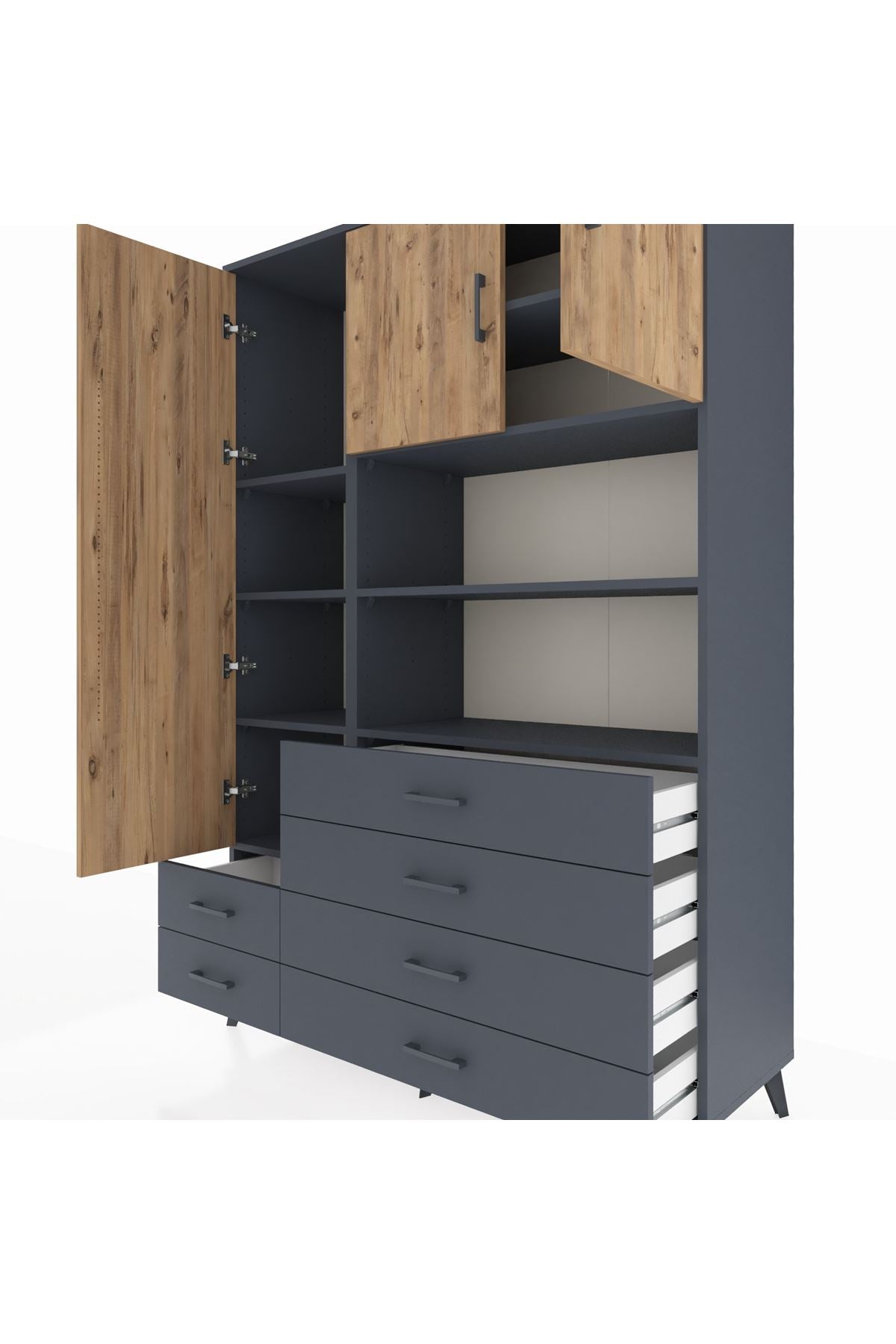 Hyperion Dolap 8 Raflı 6 Çekmeceli 3 Kapaklı 132x44x195 Antrasit-Çam/Antrasit