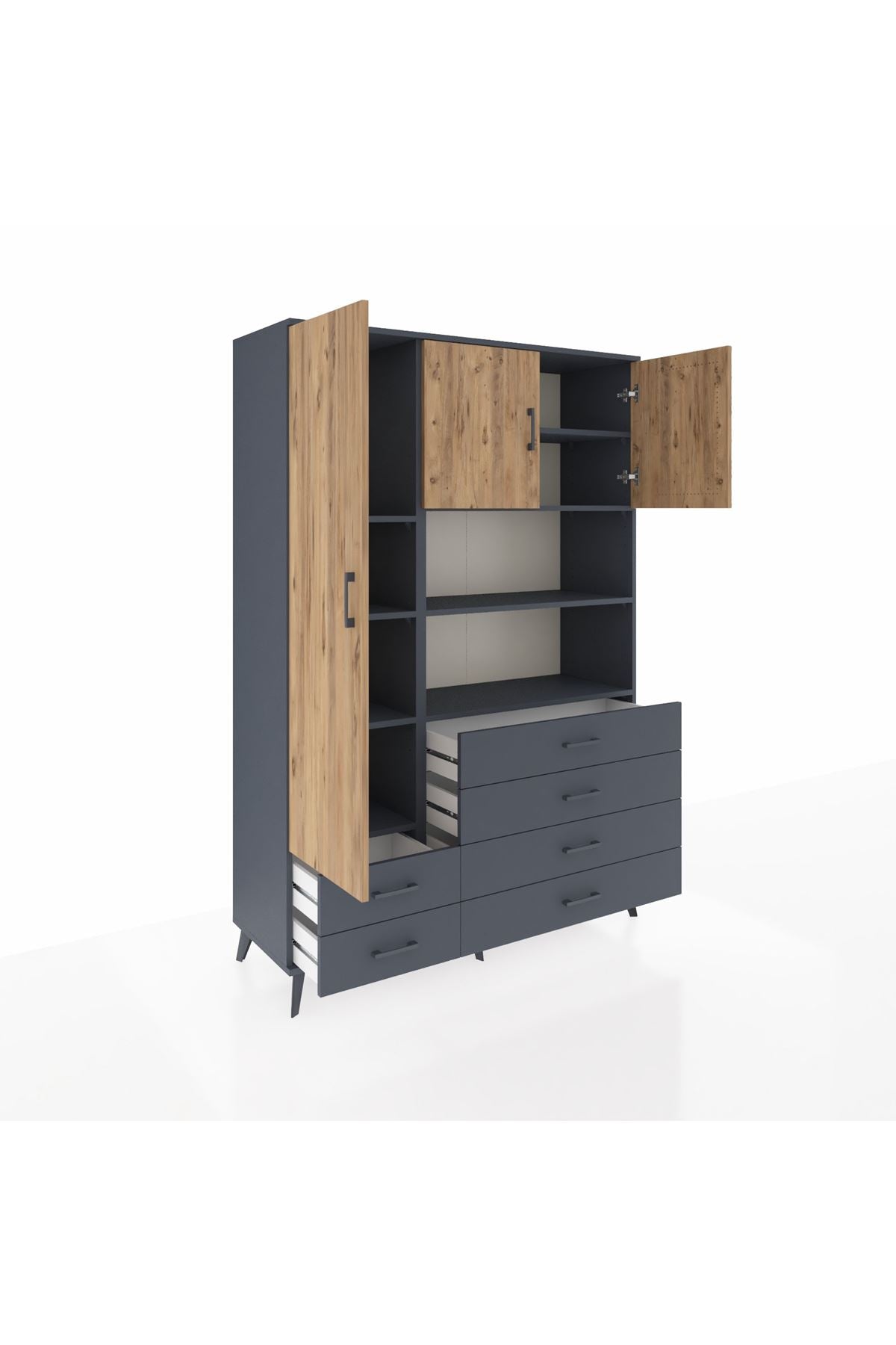 Hyperion Dolap 8 Raflı 6 Çekmeceli 3 Kapaklı 132x44x195 Antrasit-Çam/Antrasit