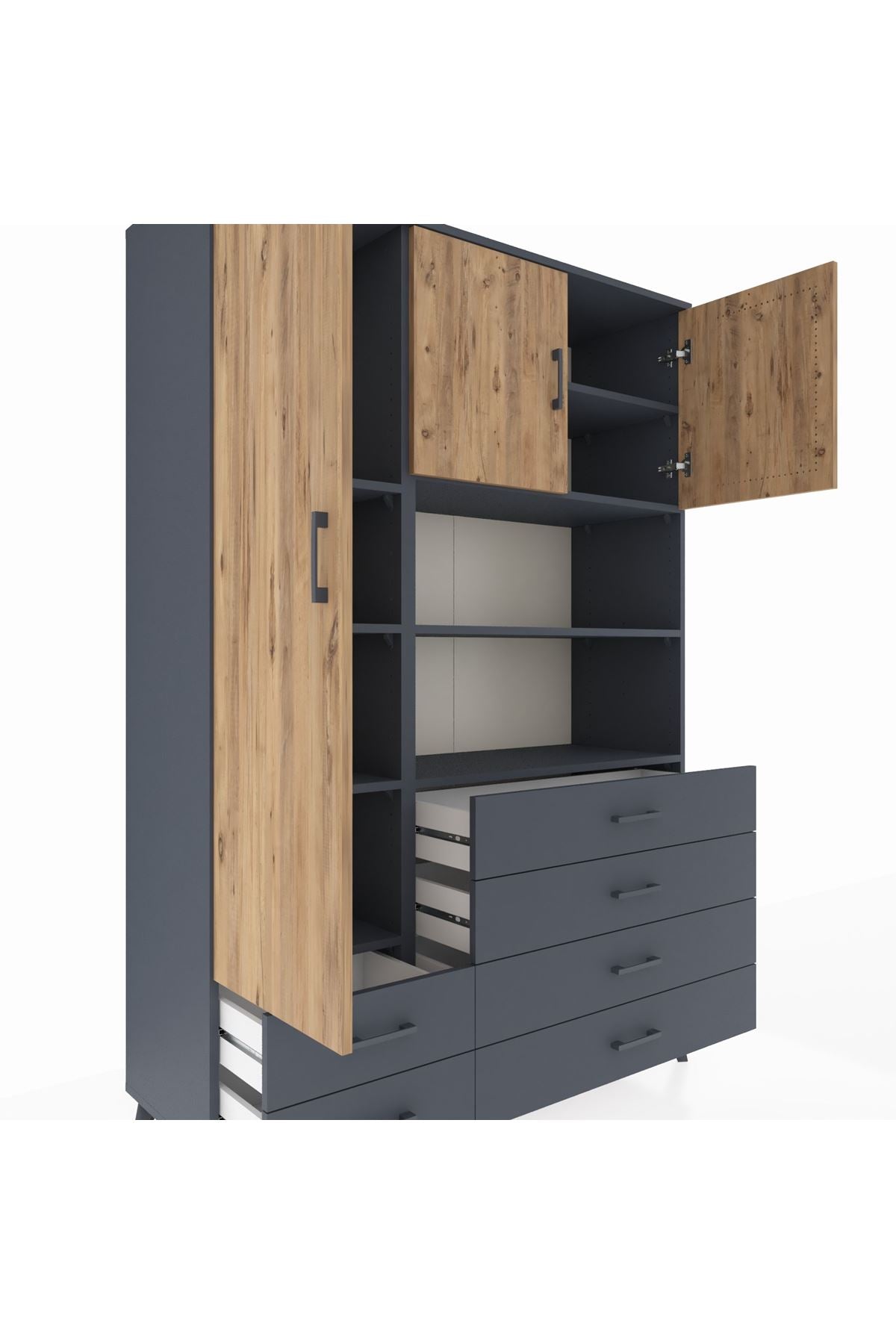 Hyperion Dolap 8 Raflı 6 Çekmeceli 3 Kapaklı 132x44x195 Antrasit-Çam/Antrasit