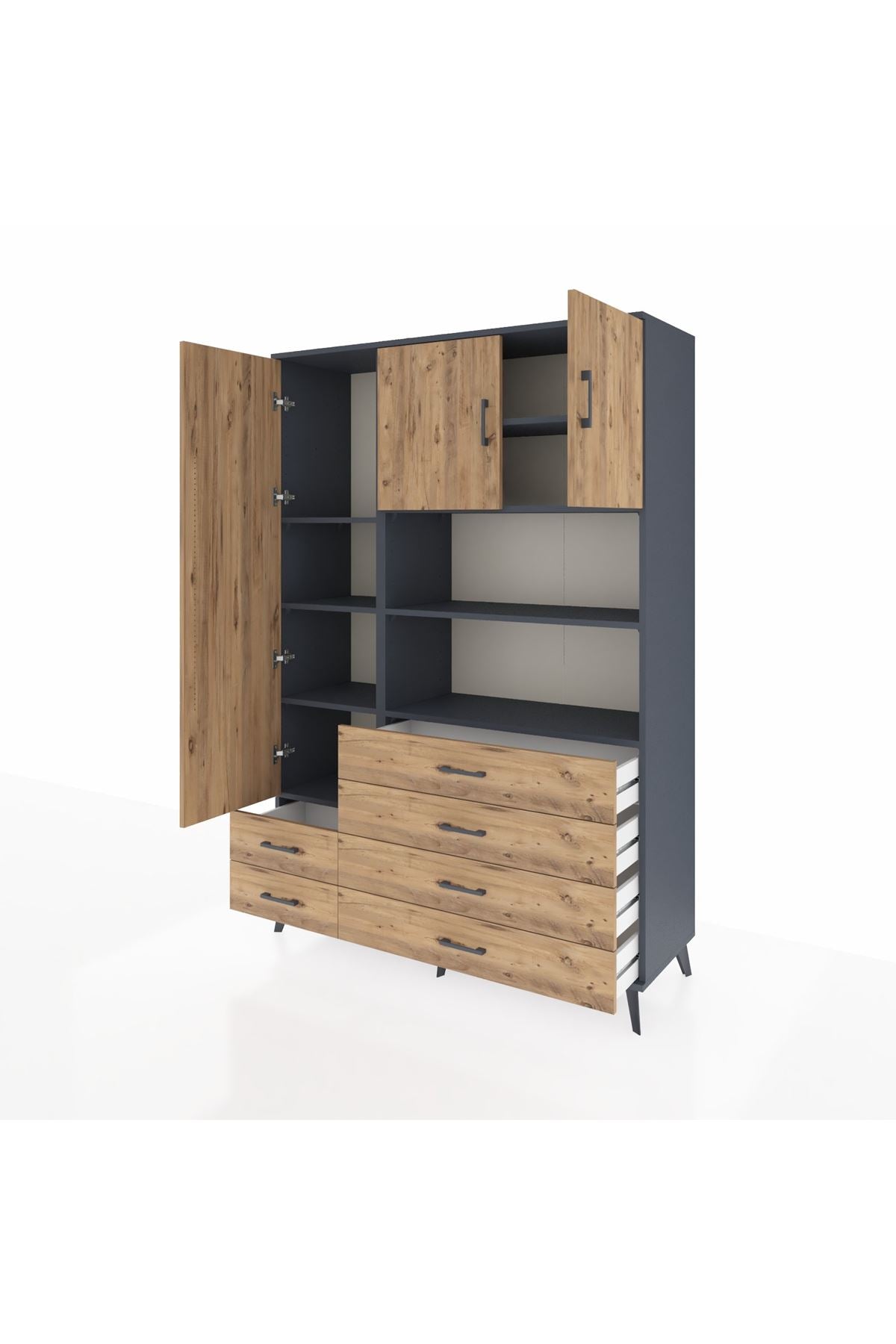 Hyperion Dolap 8 Raflı 6 Çekmeceli 3 Kapaklı 132x44x195 Antrasit-Çam/Çam