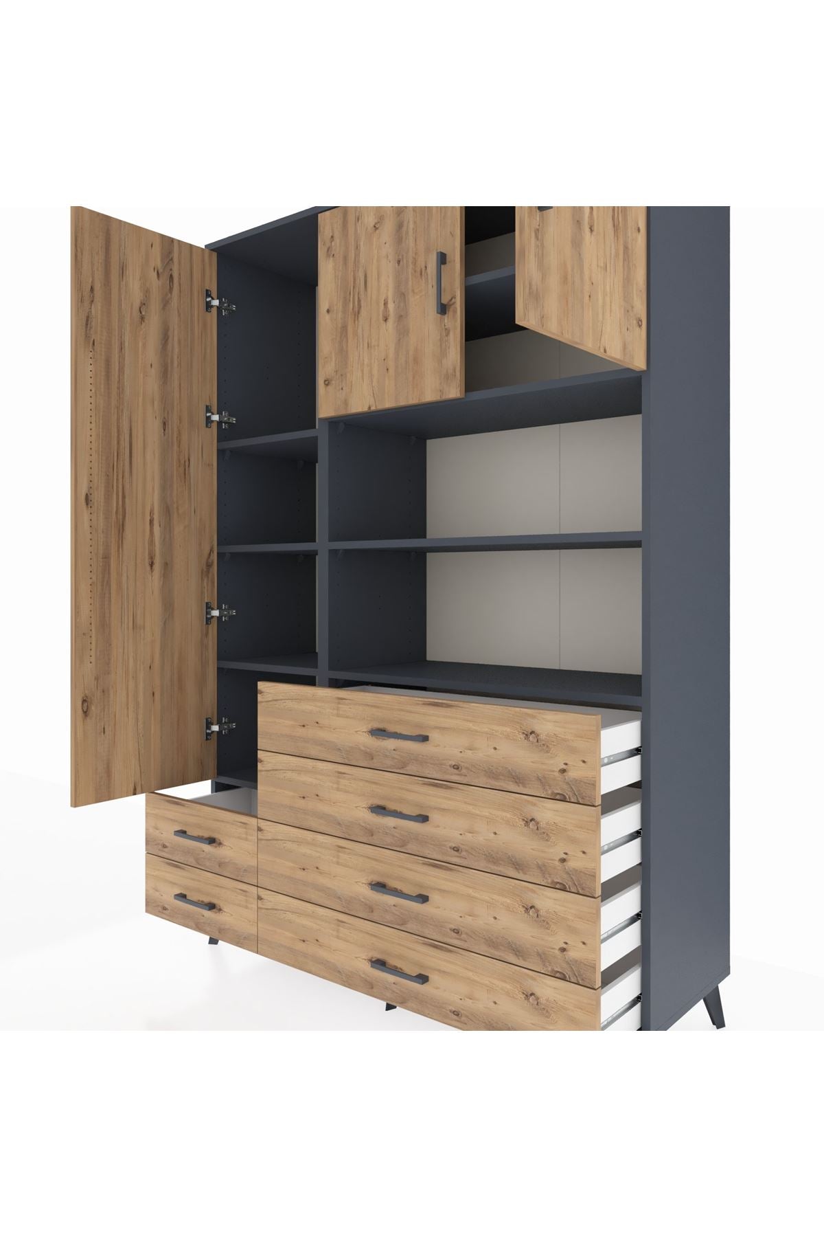 Hyperion Dolap 8 Raflı 6 Çekmeceli 3 Kapaklı 132x44x195 Antrasit-Çam/Çam