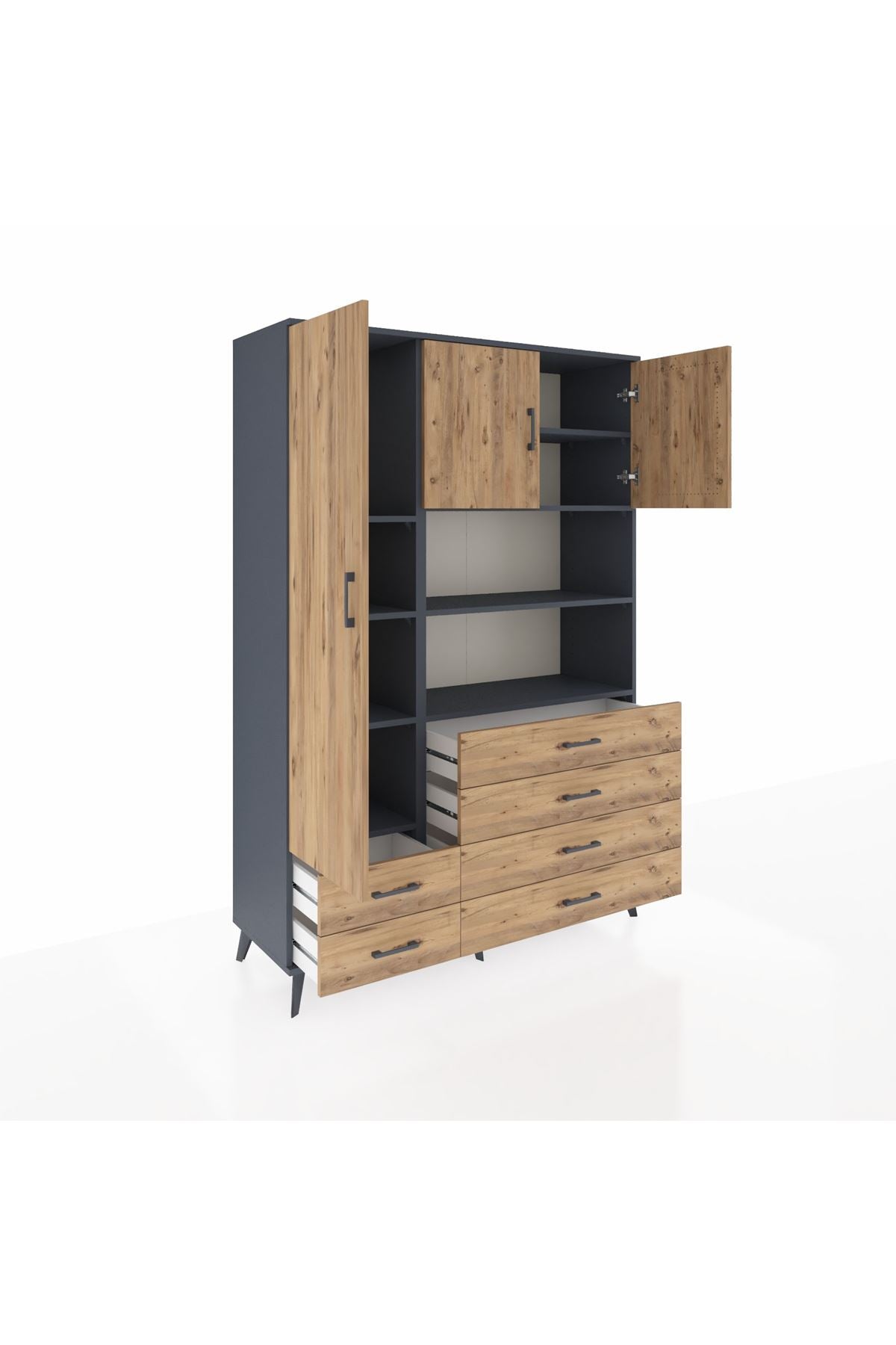 Hyperion Dolap 8 Raflı 6 Çekmeceli 3 Kapaklı 132x44x195 Antrasit-Çam/Çam