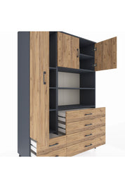 Hyperion Dolap 8 Raflı 6 Çekmeceli 3 Kapaklı 132x44x195 Antrasit-Çam/Çam