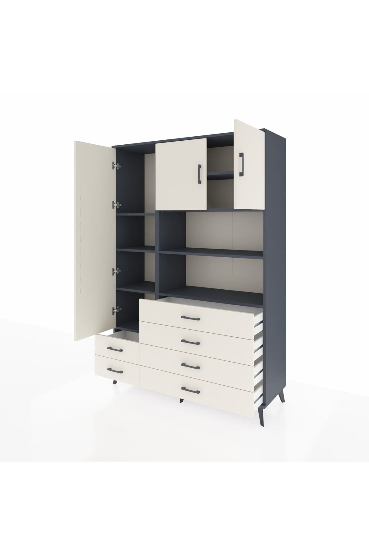 Hyperion Dolap 8 Raflı 6 Çekmeceli 3 Kapaklı 132x44x195 Antrasit-Aytaşı/Aytaşı