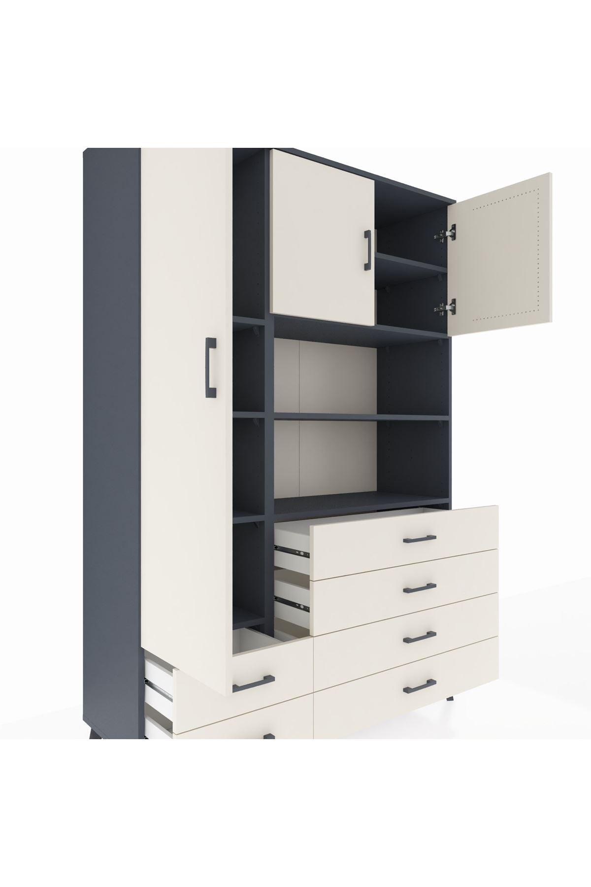 Hyperion Dolap 8 Raflı 6 Çekmeceli 3 Kapaklı 132x44x195 Antrasit-Aytaşı/Aytaşı