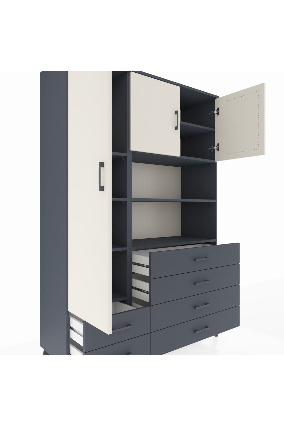 Hyperion Dolap 8 Raflı 6 Çekmeceli 3 Kapaklı 132x44x195 Antrasit-Aytaşı/Antrasit