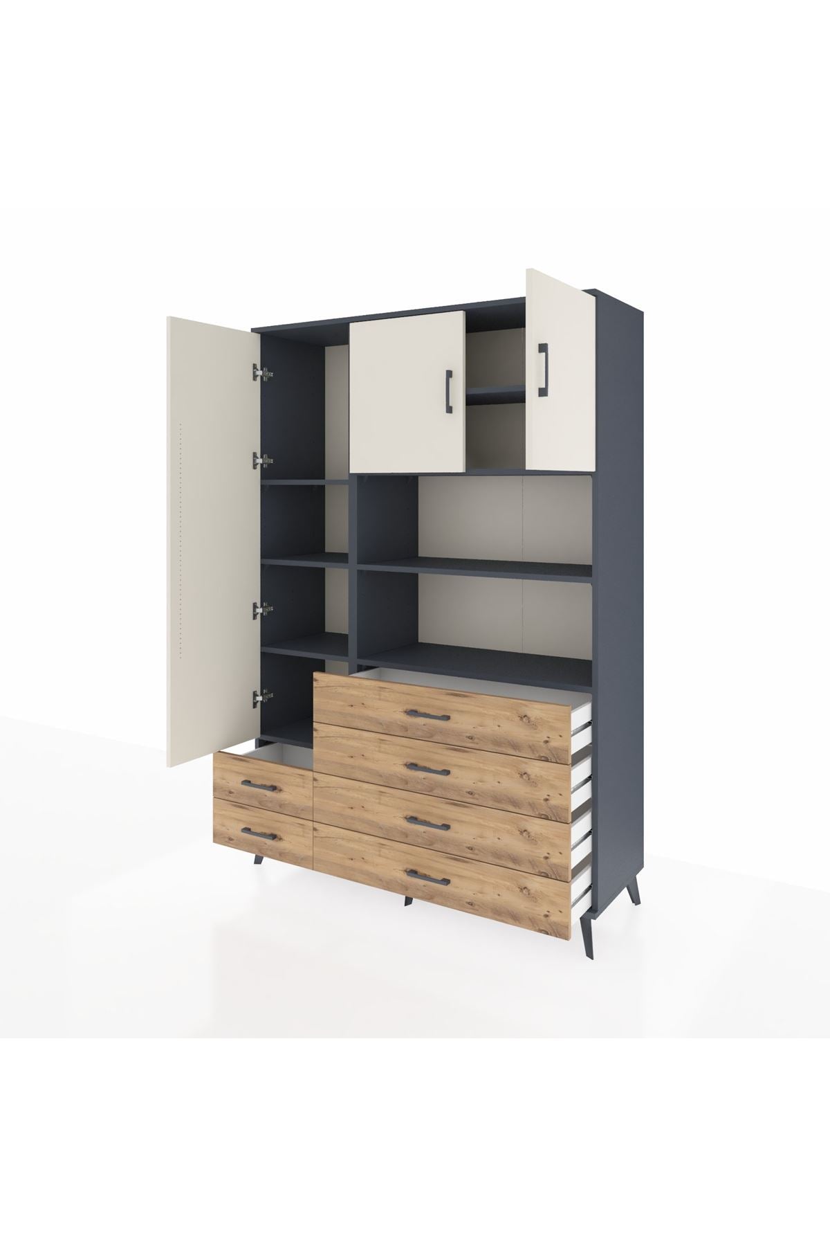 Hyperion Dolap 8 Raflı 6 Çekmeceli 3 Kapaklı 132x44x195 Antrasit-Aytaşı/Çam