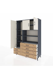 Hyperion Dolap 8 Raflı 6 Çekmeceli 3 Kapaklı 132x44x195 Antrasit-Aytaşı/Çam