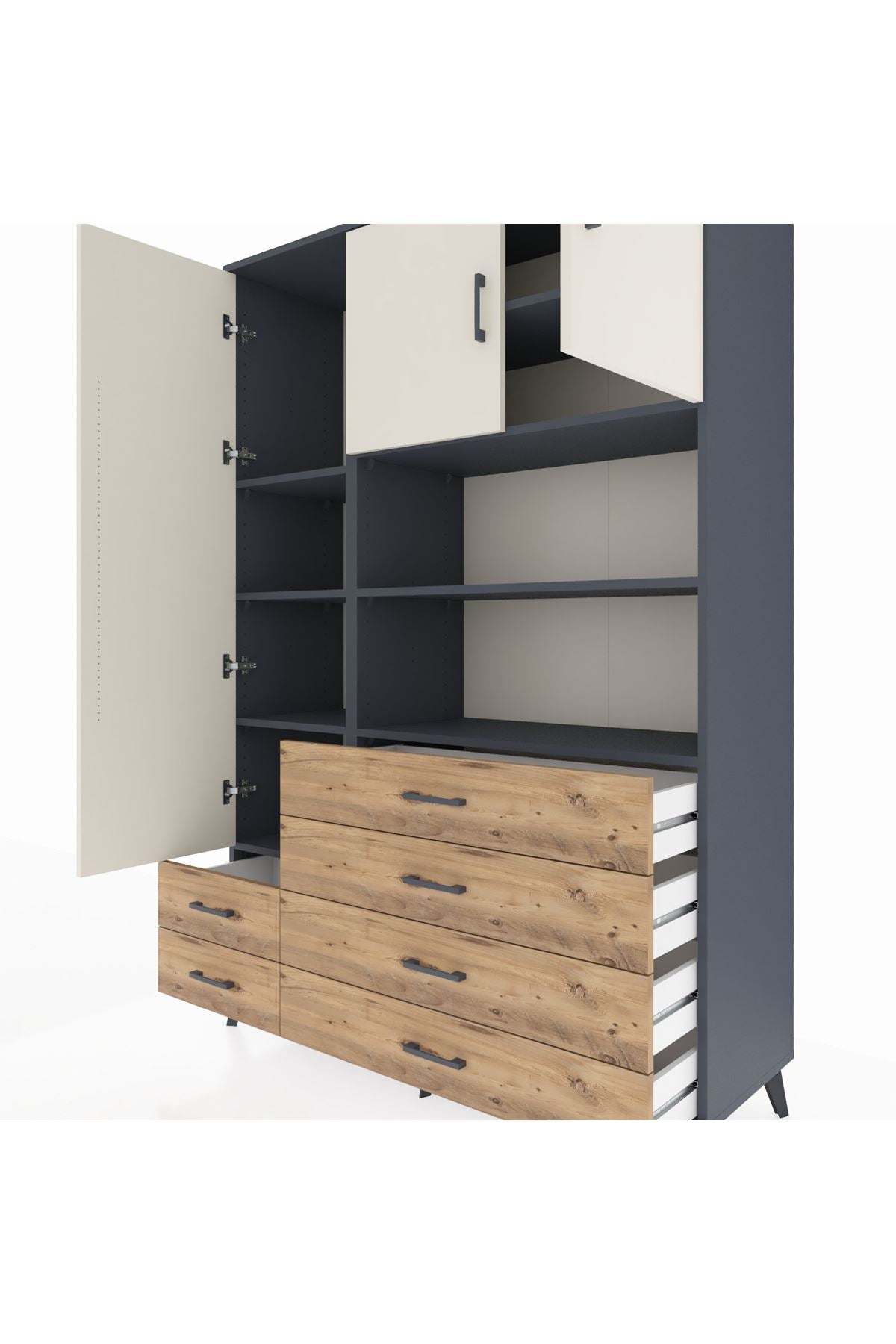 Hyperion Dolap 8 Raflı 6 Çekmeceli 3 Kapaklı 132x44x195 Antrasit-Aytaşı/Çam