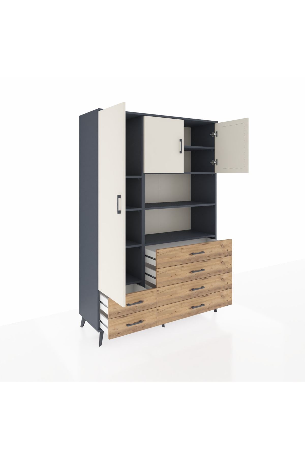 Hyperion Dolap 8 Raflı 6 Çekmeceli 3 Kapaklı 132x44x195 Antrasit-Aytaşı/Çam