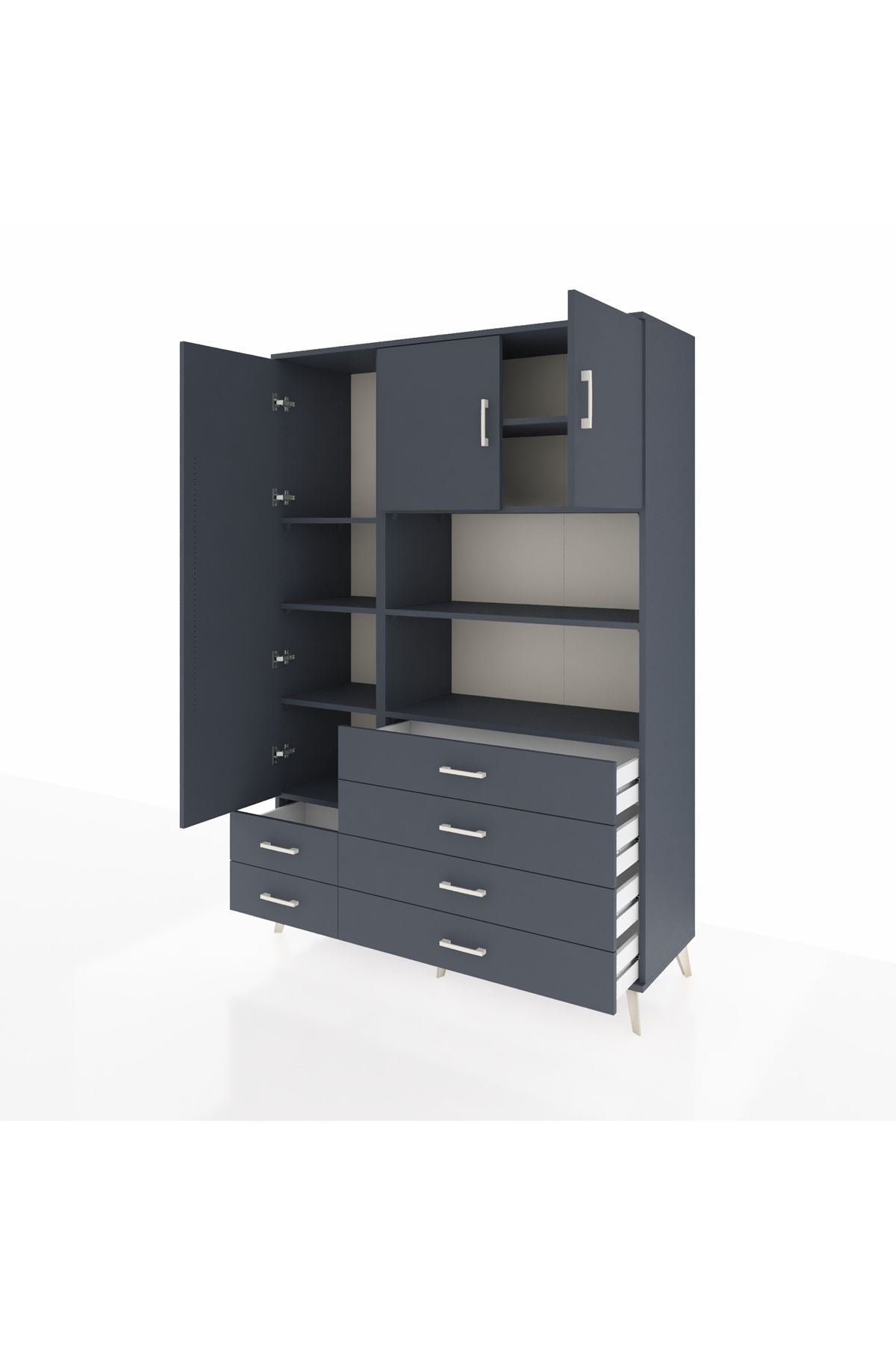 Hyperion Dolap 8 Raflı 6 Çekmeceli 3 Kapaklı 132x44x195 Antrasit-Antrasit/Antrasit