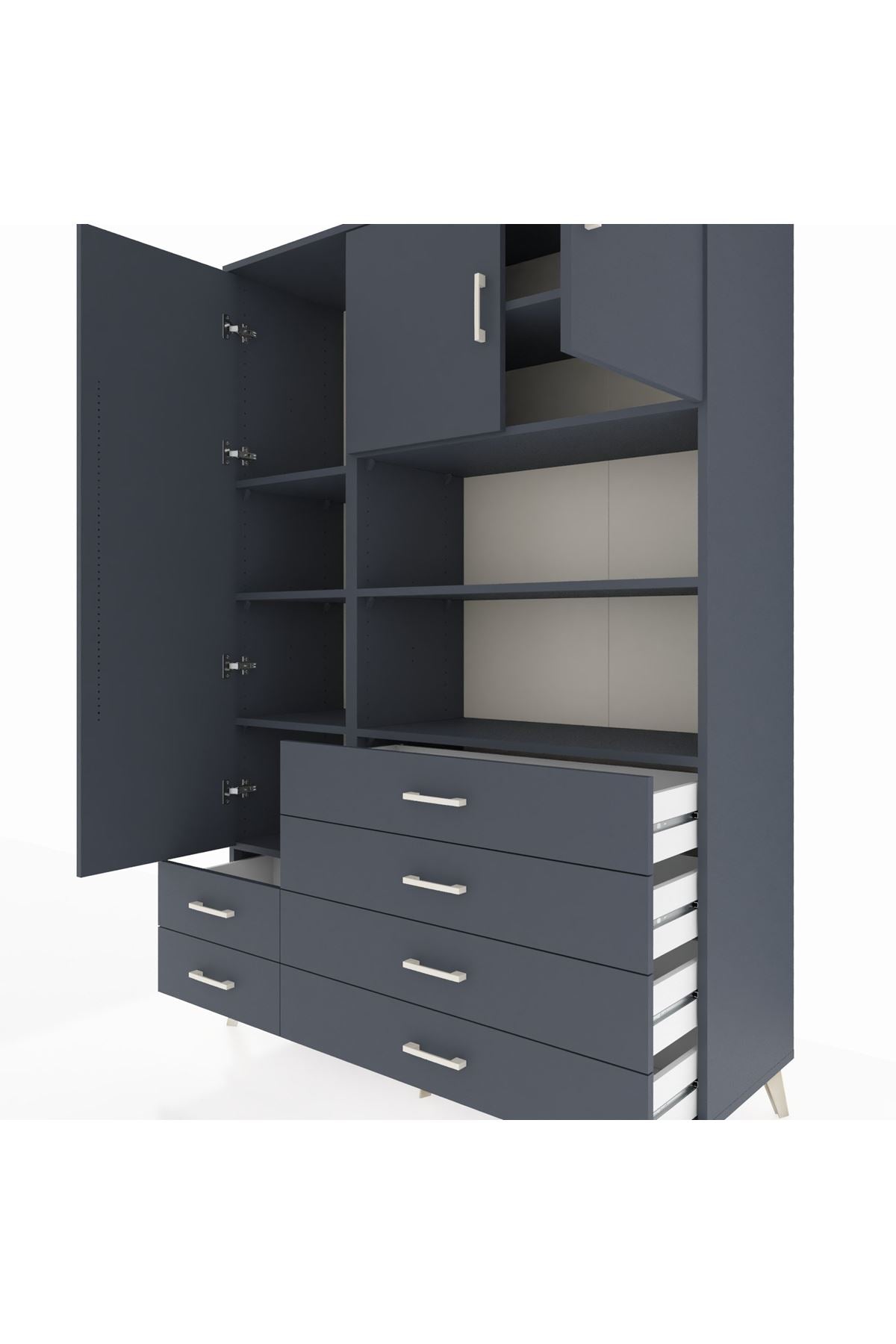 Hyperion Dolap 8 Raflı 6 Çekmeceli 3 Kapaklı 132x44x195 Antrasit-Antrasit/Antrasit