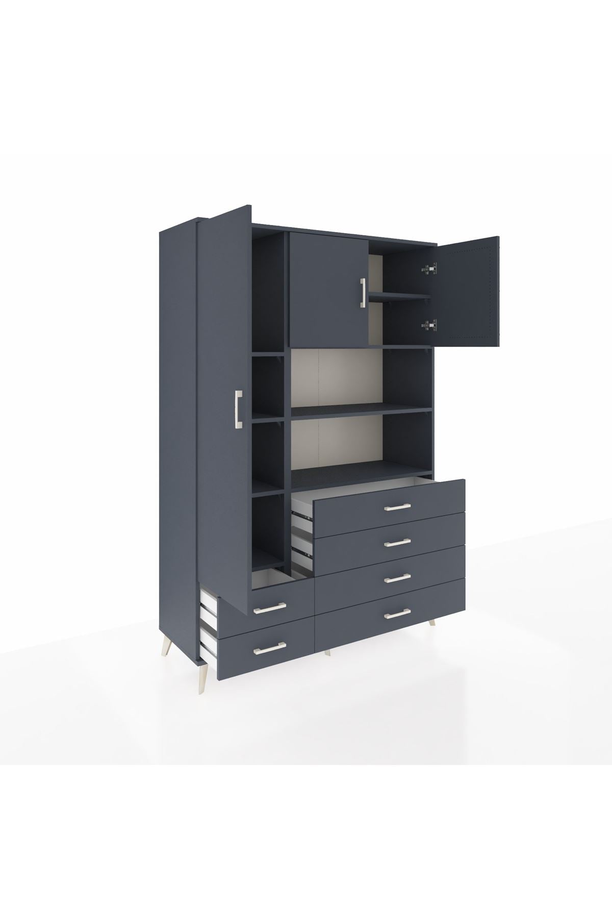 Hyperion Dolap 8 Raflı 6 Çekmeceli 3 Kapaklı 132x44x195 Antrasit-Antrasit/Antrasit