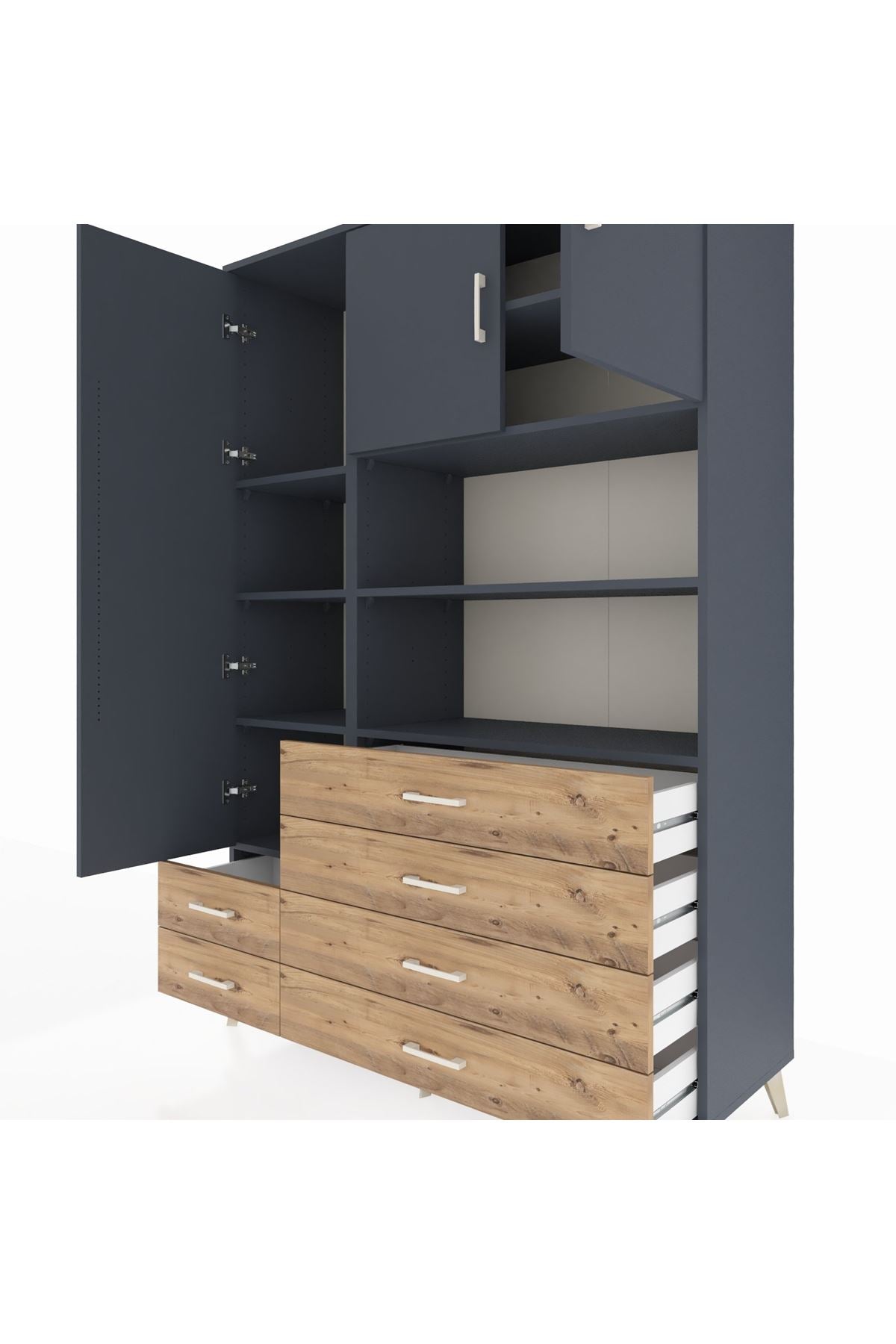 Hyperion Dolap 8 Raflı 6 Çekmeceli 3 Kapaklı 132x44x195 Antrasit-Antrasit/Çam