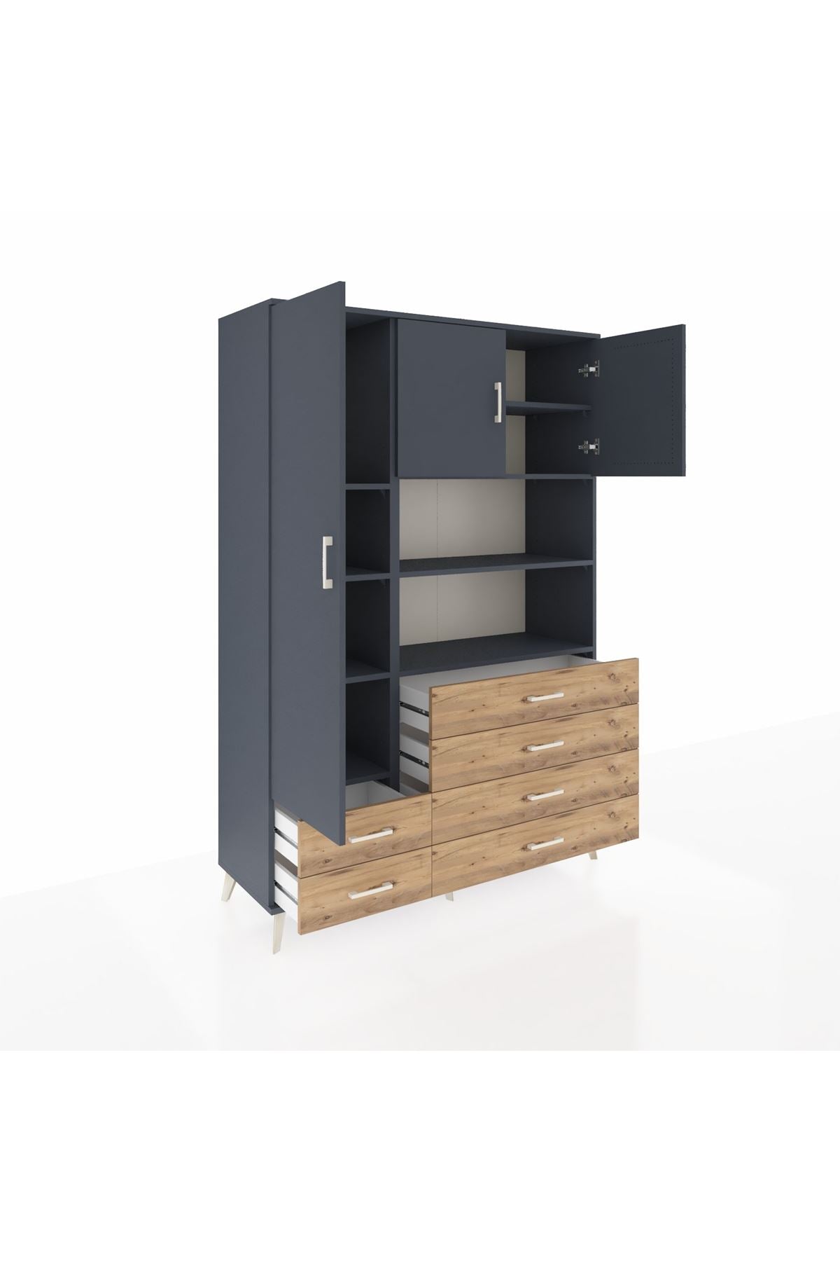 Hyperion Dolap 8 Raflı 6 Çekmeceli 3 Kapaklı 132x44x195 Antrasit-Antrasit/Çam