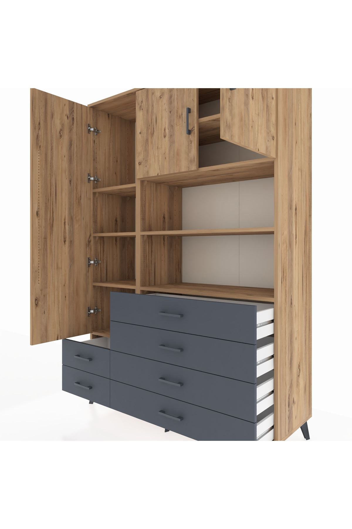 Hyperion Dolap 8 Raflı 6 Çekmeceli 3 Kapaklı 132x44x195 Çam-Çam/Antrasit