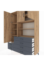 Hyperion Dolap 8 Raflı 6 Çekmeceli 3 Kapaklı 132x44x195 Çam-Çam/Antrasit