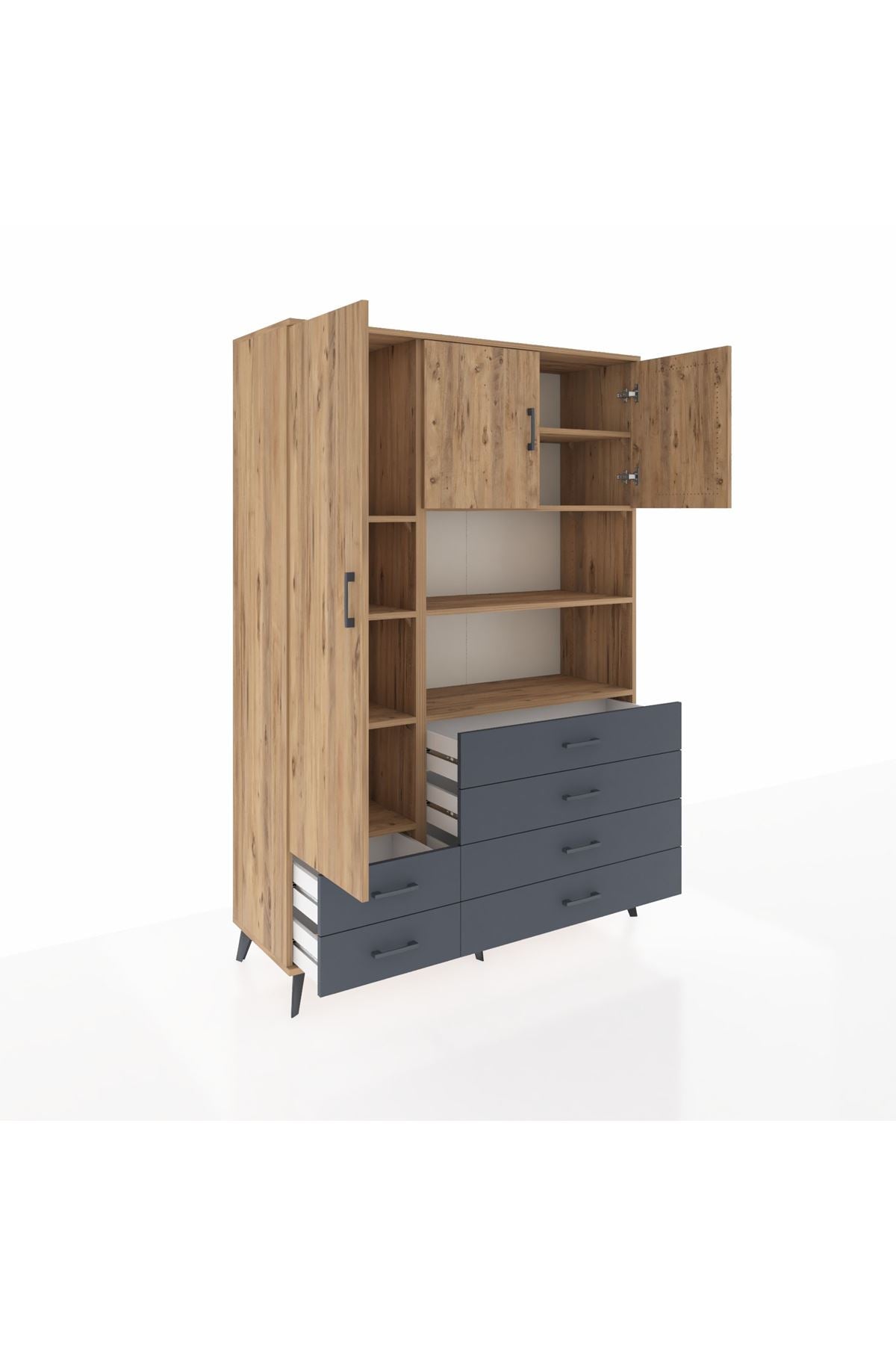 Hyperion Dolap 8 Raflı 6 Çekmeceli 3 Kapaklı 132x44x195 Çam-Çam/Antrasit