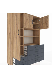 Hyperion Dolap 8 Raflı 6 Çekmeceli 3 Kapaklı 132x44x195 Çam-Çam/Antrasit