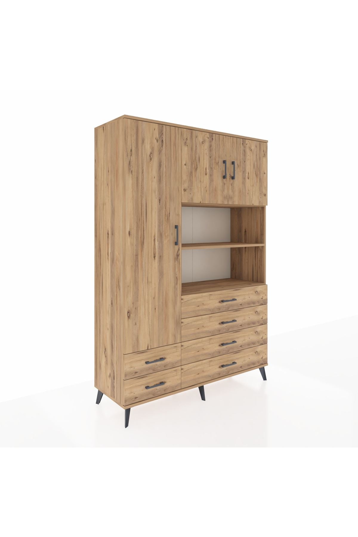 Hyperion Dolap 8 Raflı 6 Çekmeceli 3 Kapaklı 132x44x195 Çam-Çam/Çam