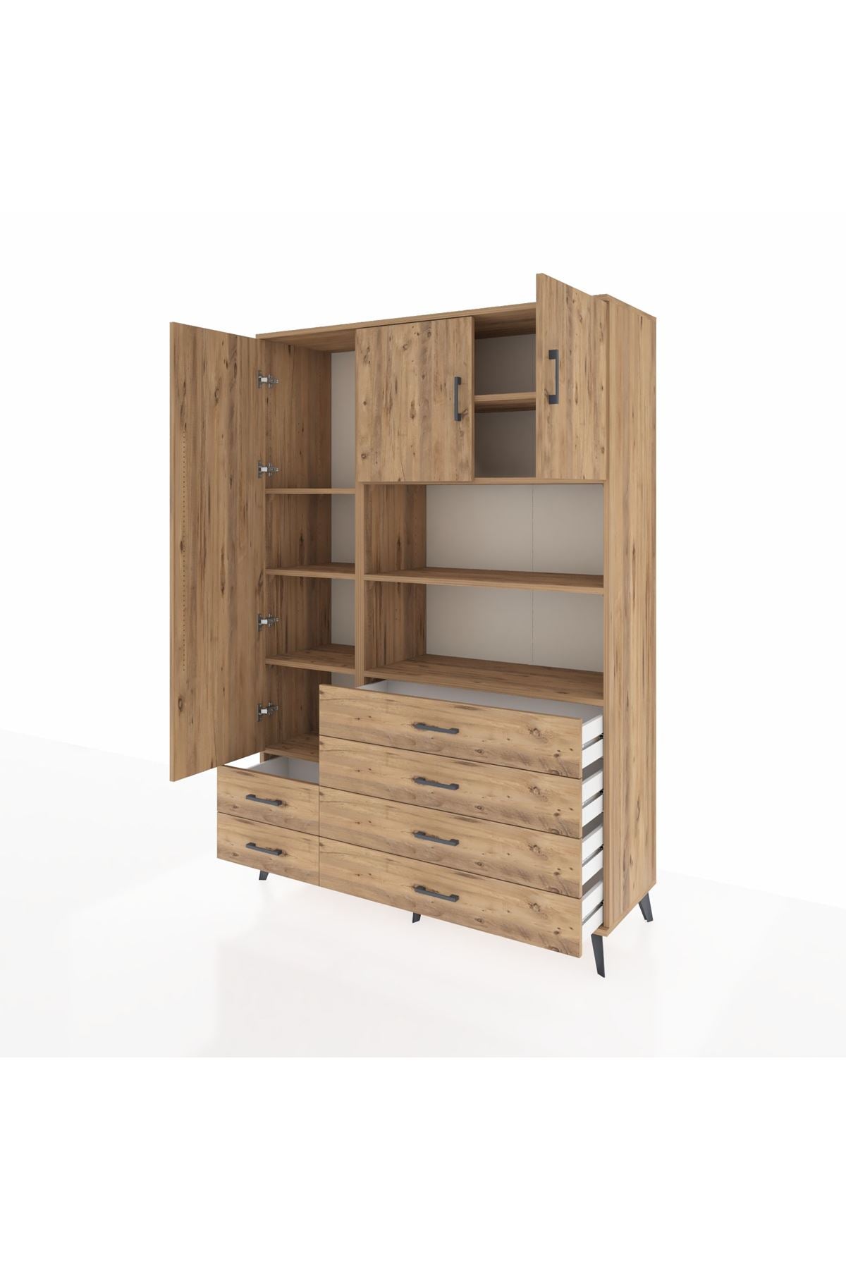 Hyperion Dolap 8 Raflı 6 Çekmeceli 3 Kapaklı 132x44x195 Çam-Çam/Çam