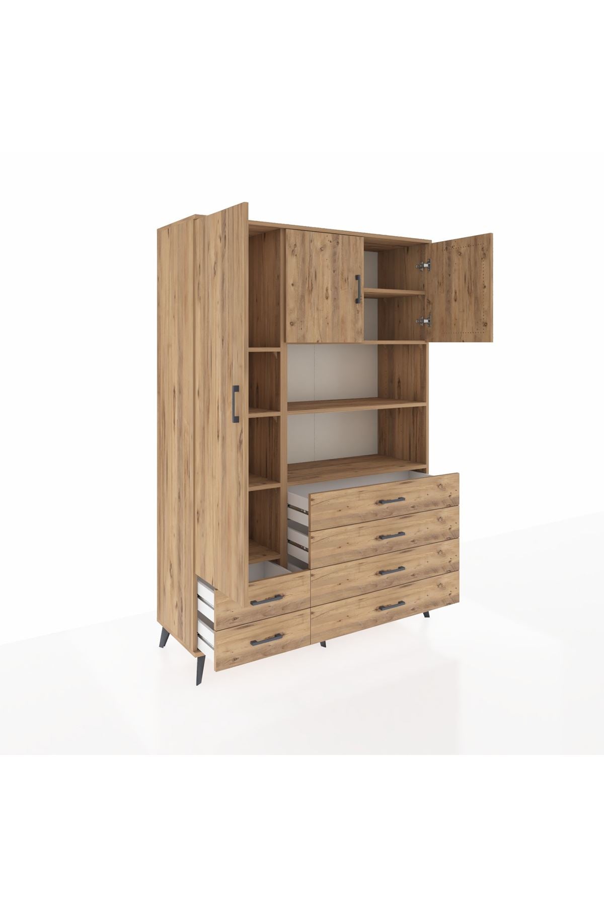 Hyperion Dolap 8 Raflı 6 Çekmeceli 3 Kapaklı 132x44x195 Çam-Çam/Çam