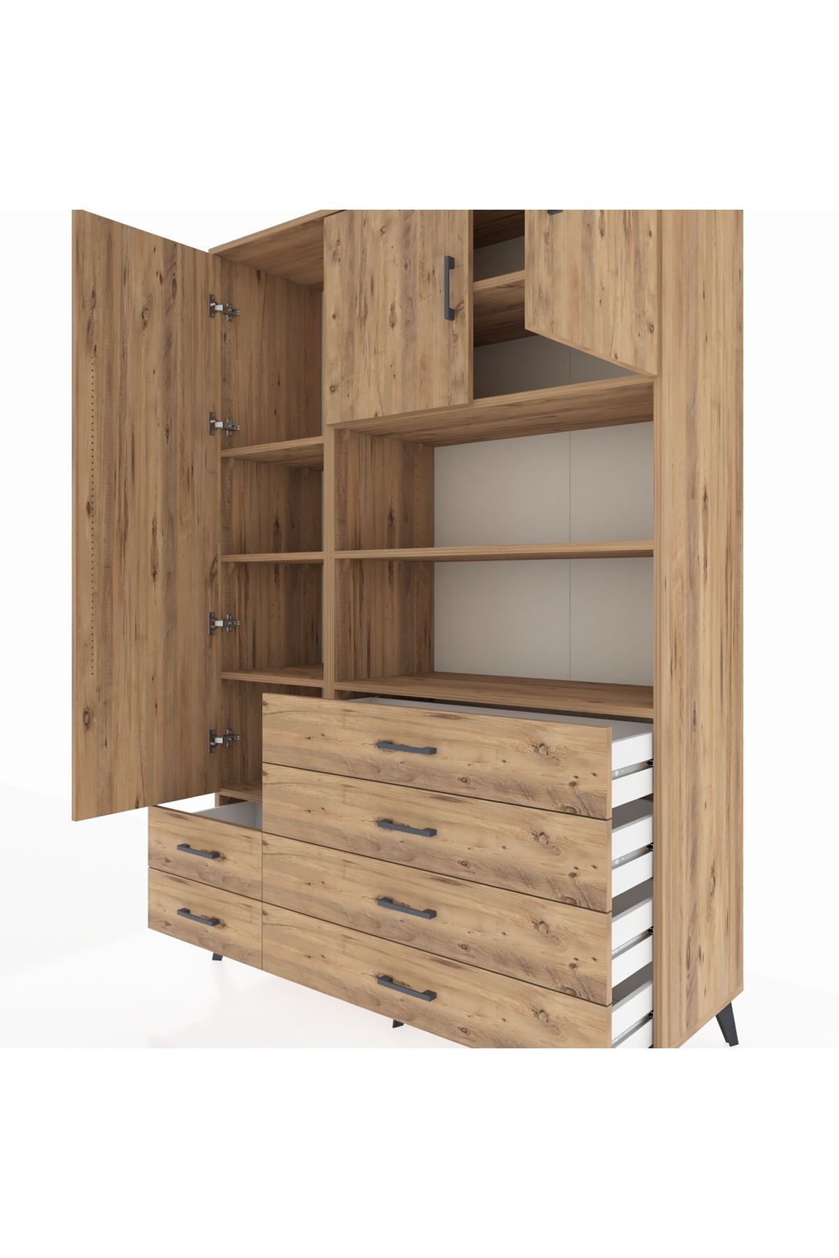 Hyperion Dolap 8 Raflı 6 Çekmeceli 3 Kapaklı 132x44x195 Çam-Çam/Çam