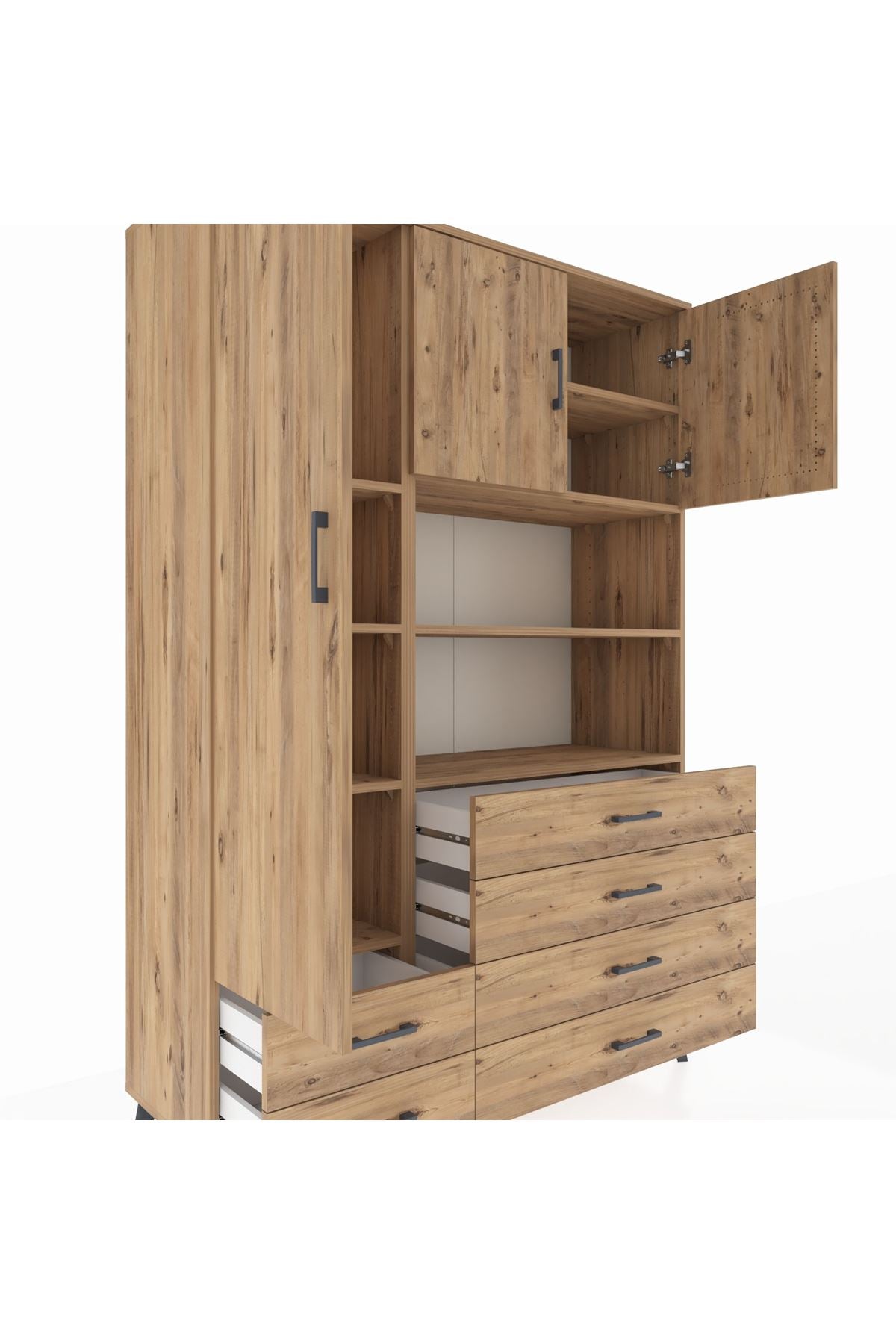 Hyperion Dolap 8 Raflı 6 Çekmeceli 3 Kapaklı 132x44x195 Çam-Çam/Çam