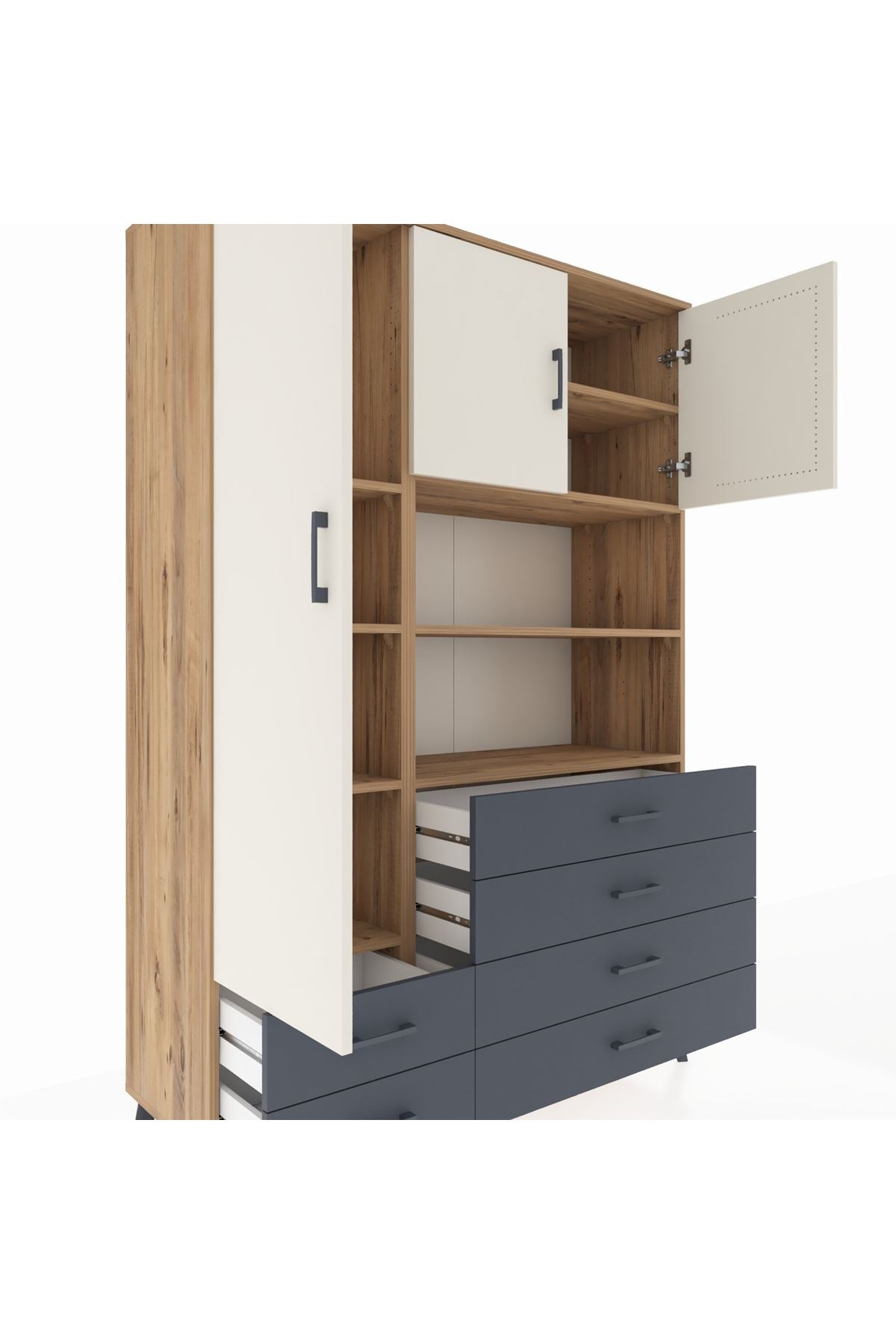 Hyperion Dolap 8 Raflı 6 Çekmeceli 3 Kapaklı 132x44x195 Çam-Aytaşı/Antrasit