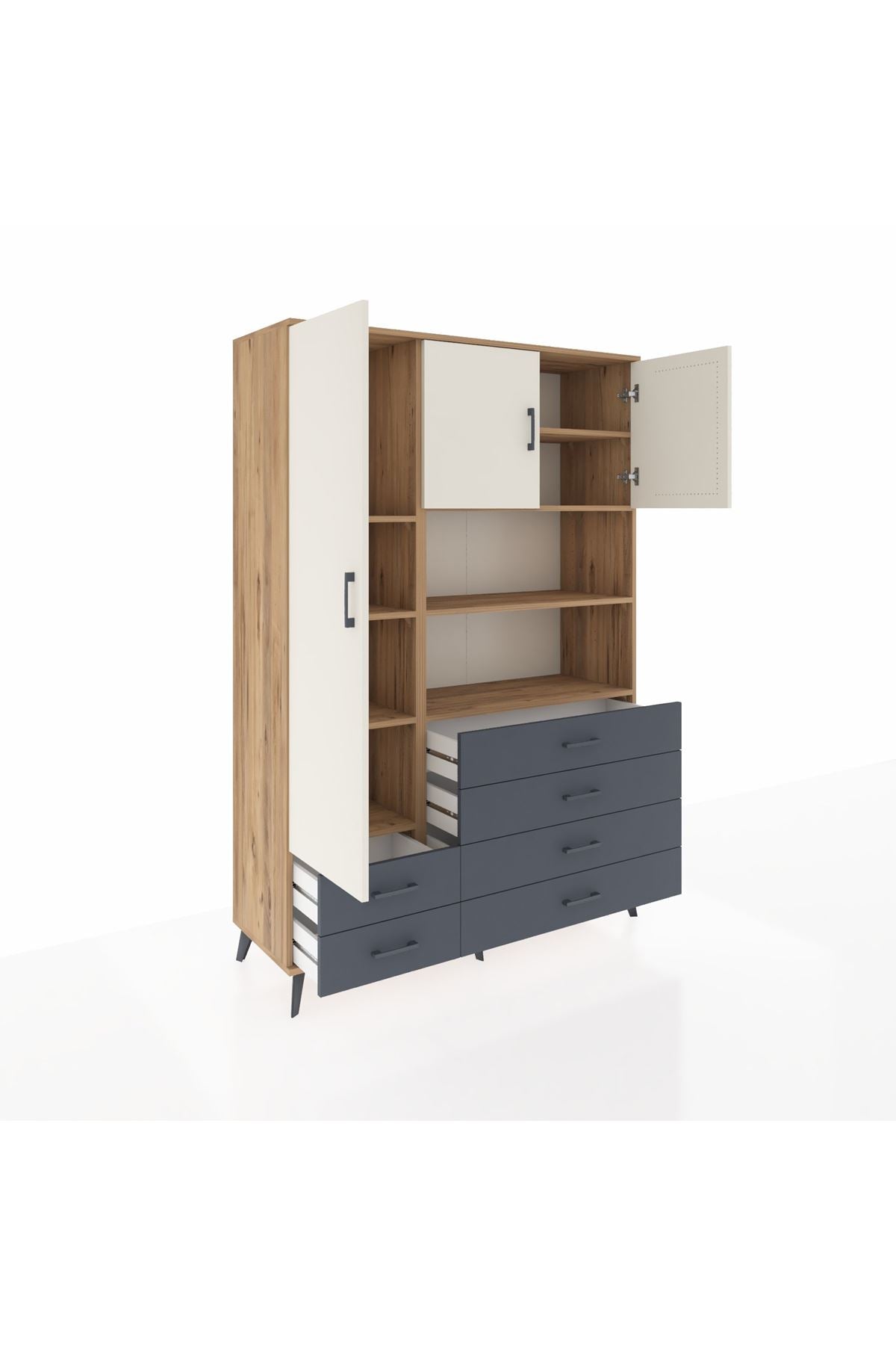 Hyperion Dolap 8 Raflı 6 Çekmeceli 3 Kapaklı 132x44x195 Çam-Aytaşı/Antrasit