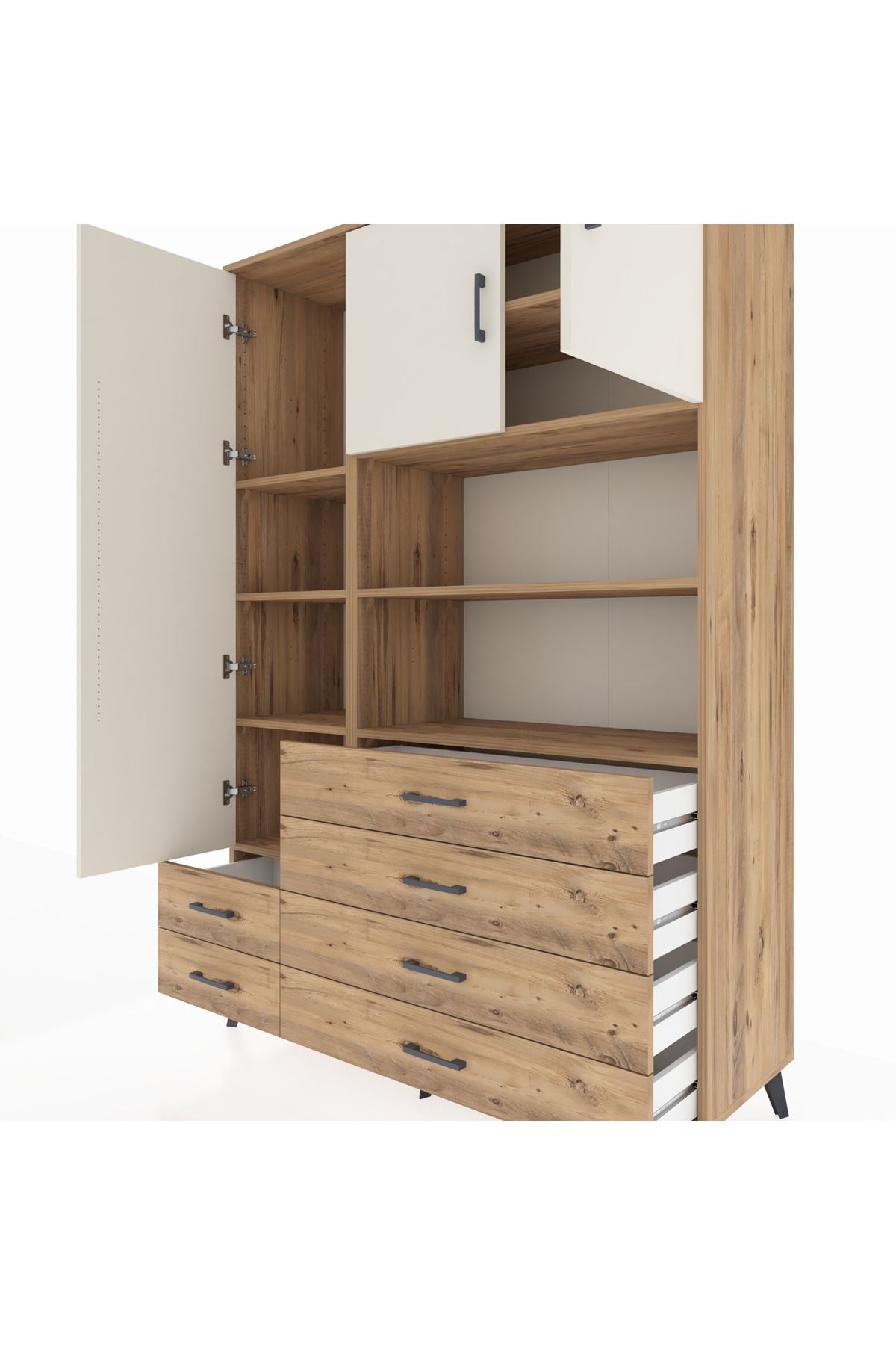 Hyperion Dolap 8 Raflı 6 Çekmeceli 3 Kapaklı 132x44x195 Çam-Aytaşı/Çam