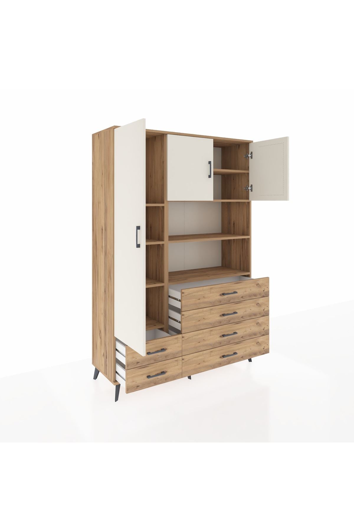 Hyperion Dolap 8 Raflı 6 Çekmeceli 3 Kapaklı 132x44x195 Çam-Aytaşı/Çam