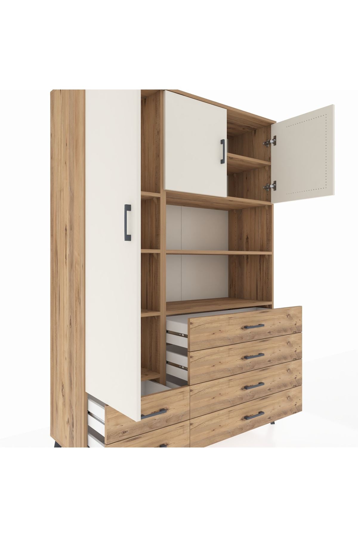 Hyperion Dolap 8 Raflı 6 Çekmeceli 3 Kapaklı 132x44x195 Çam-Aytaşı/Çam
