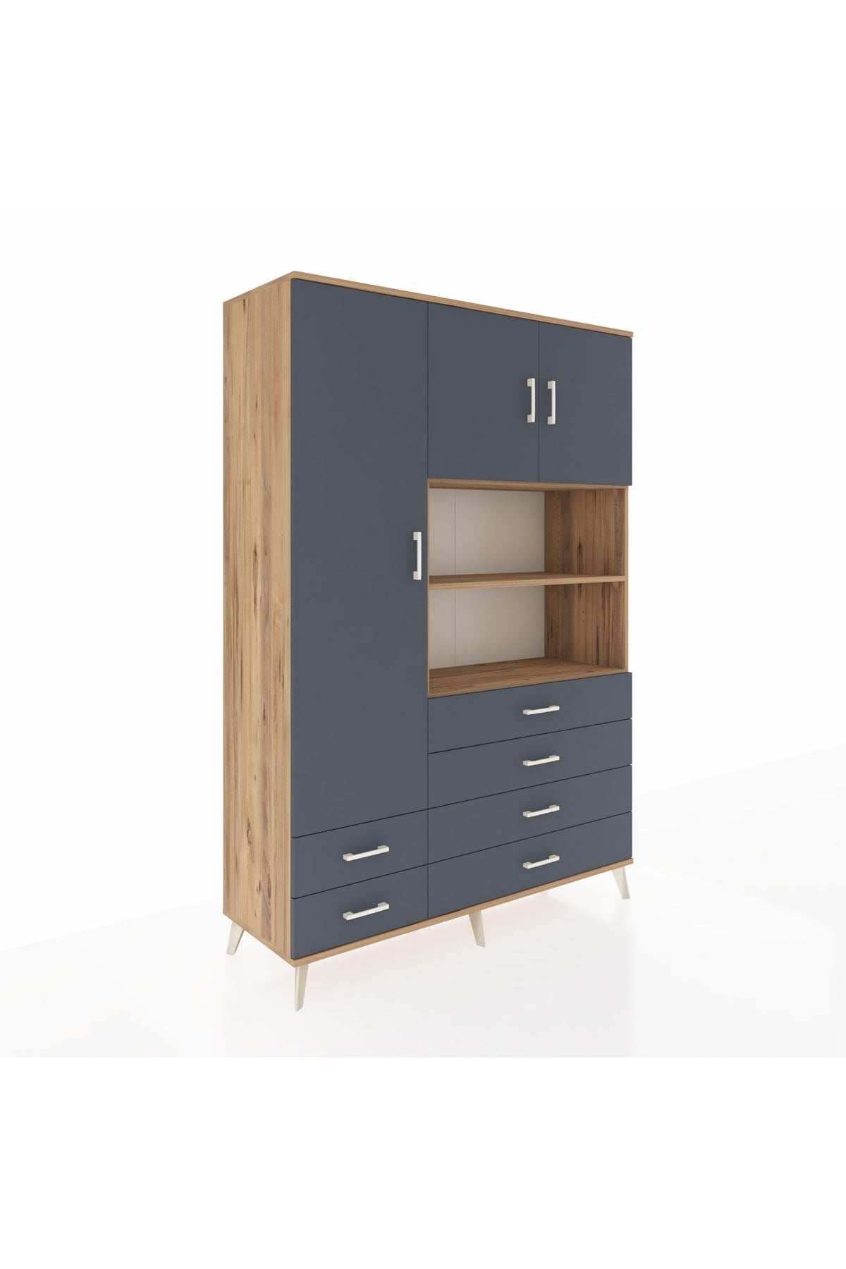 Hyperion Dolap 8 Raflı 6 Çekmeceli 3 Kapaklı 132x44x195 Çam-Antrasit/Antrasit