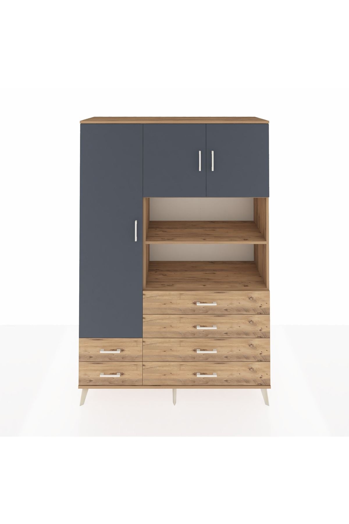 Hyperion Dolap 8 Raflı 6 Çekmeceli 3 Kapaklı 132x44x195 Çam-Antrasit/Çam