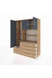 Hyperion Dolap 8 Raflı 6 Çekmeceli 3 Kapaklı 132x44x195 Çam-Antrasit/Çam